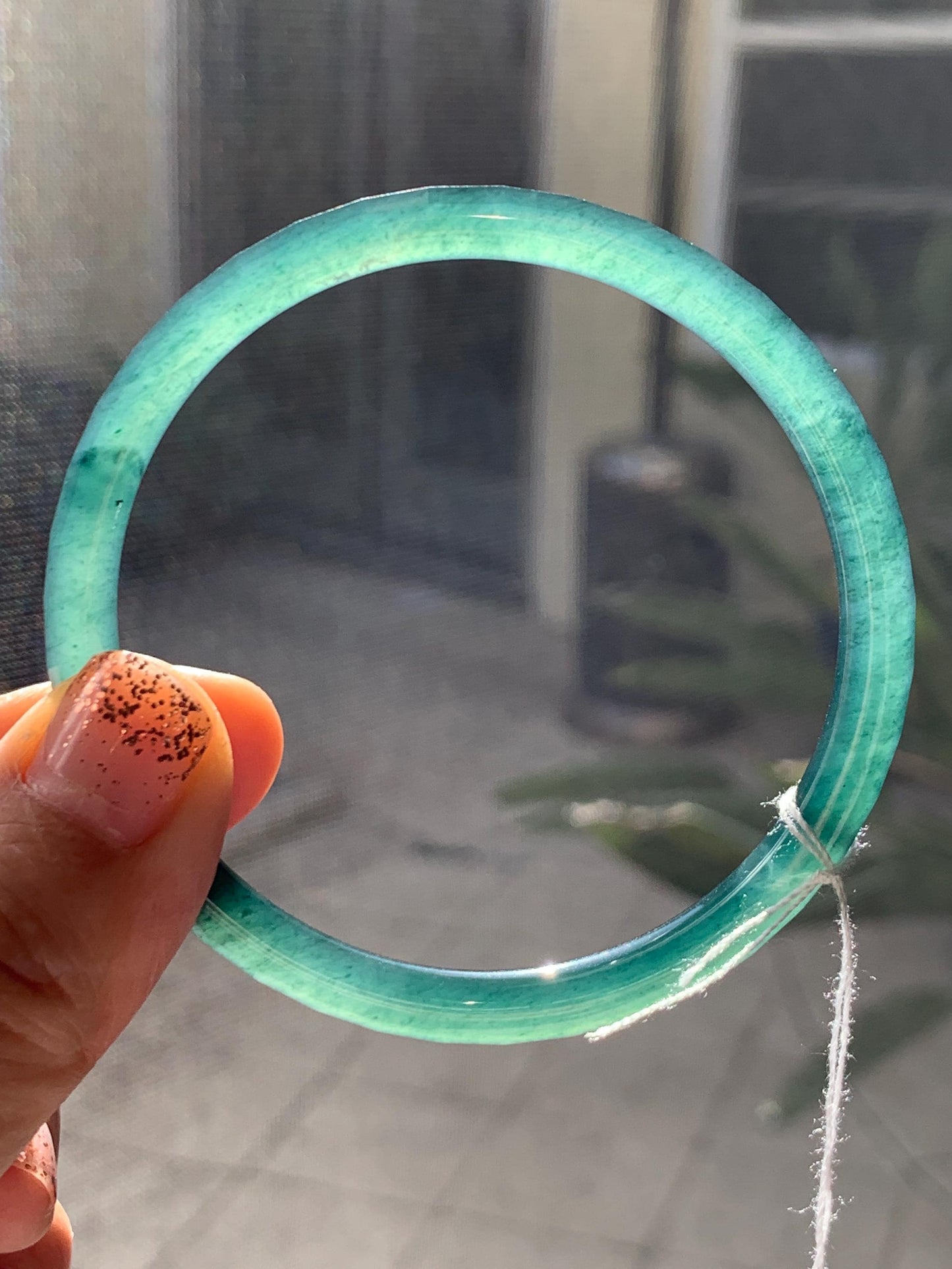 Certified Natural Grade A Guatemalan Icy Highly Translucent Deep Teal Green Faceted Jadeite Slim Bangle 57.56mm 7.11” 天然冰胶危深蓝绿翡翠细圆条切割面手镯 465