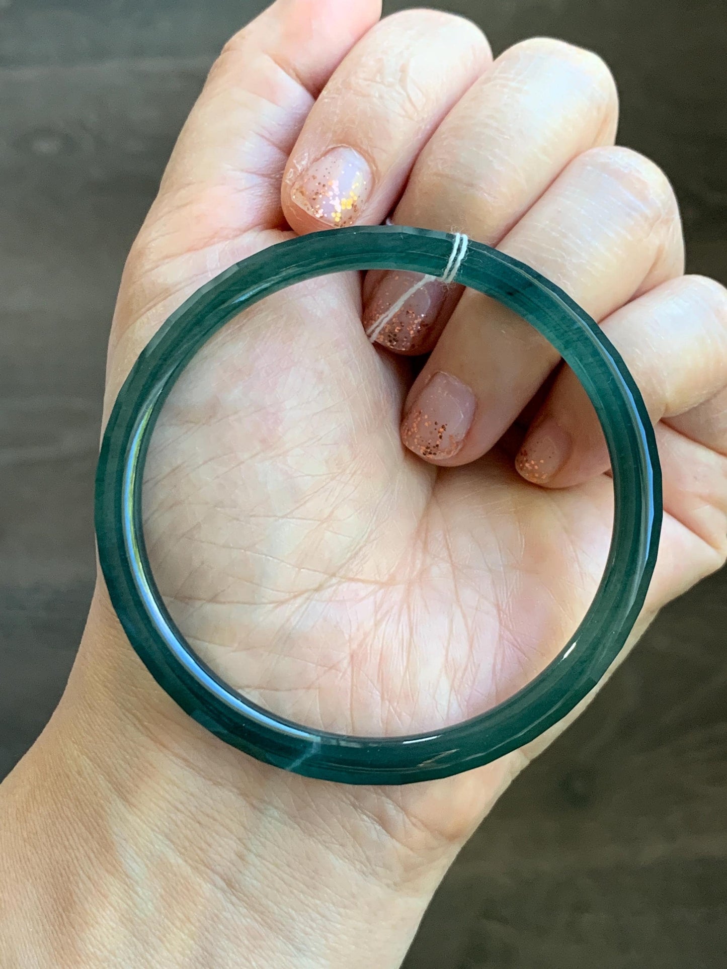 Certified Natural Grade A Guatemalan Icy Highly Translucent Deep Teal Green Faceted Jadeite Slim Bangle 57.56mm 7.11” 天然冰胶危深蓝绿翡翠细圆条切割面手镯 465