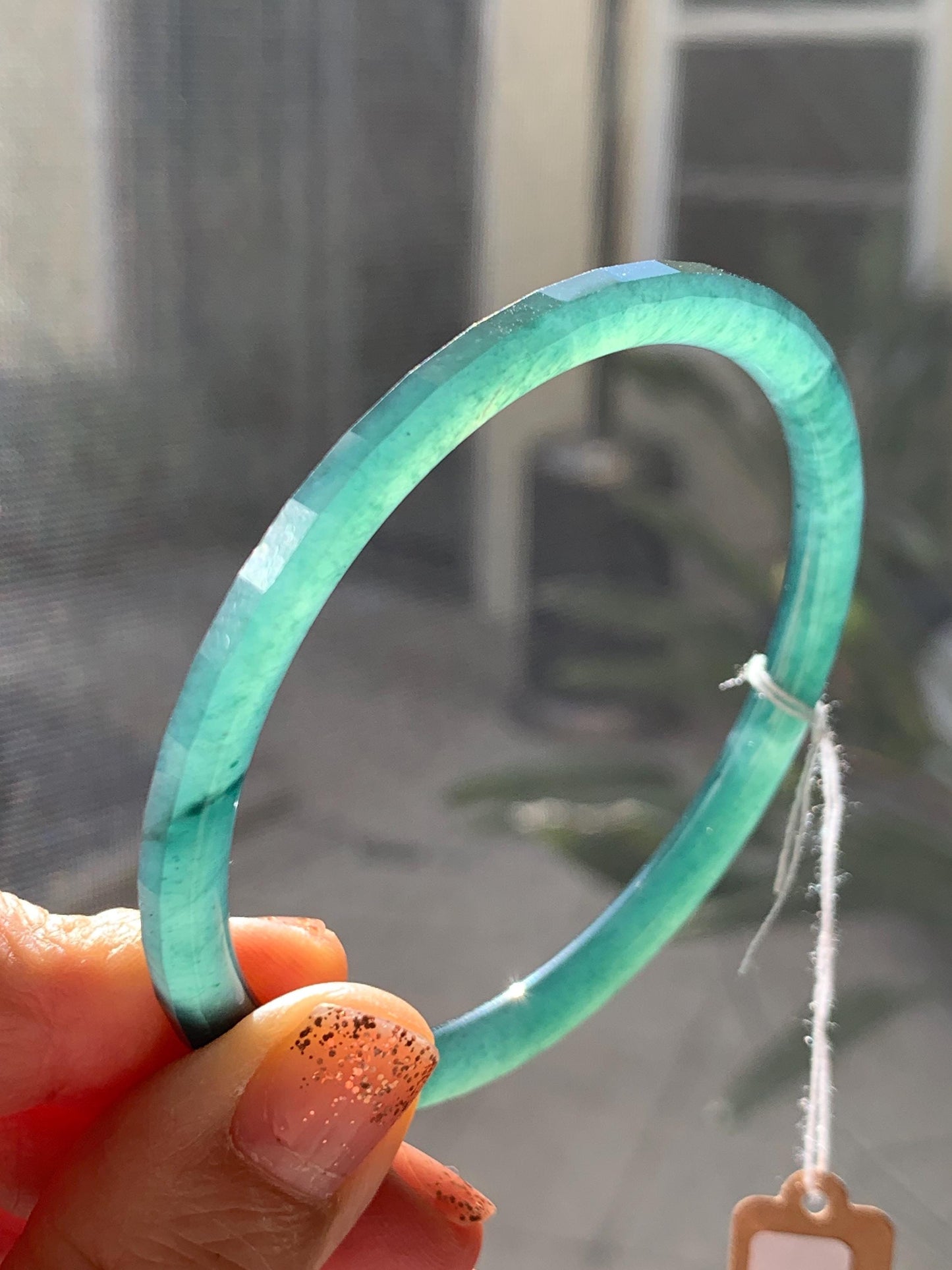 Certified Natural Grade A Guatemalan Icy Highly Translucent Deep Teal Green Faceted Jadeite Slim Bangle 57.56mm 7.11” 天然冰胶危深蓝绿翡翠细圆条切割面手镯 465
