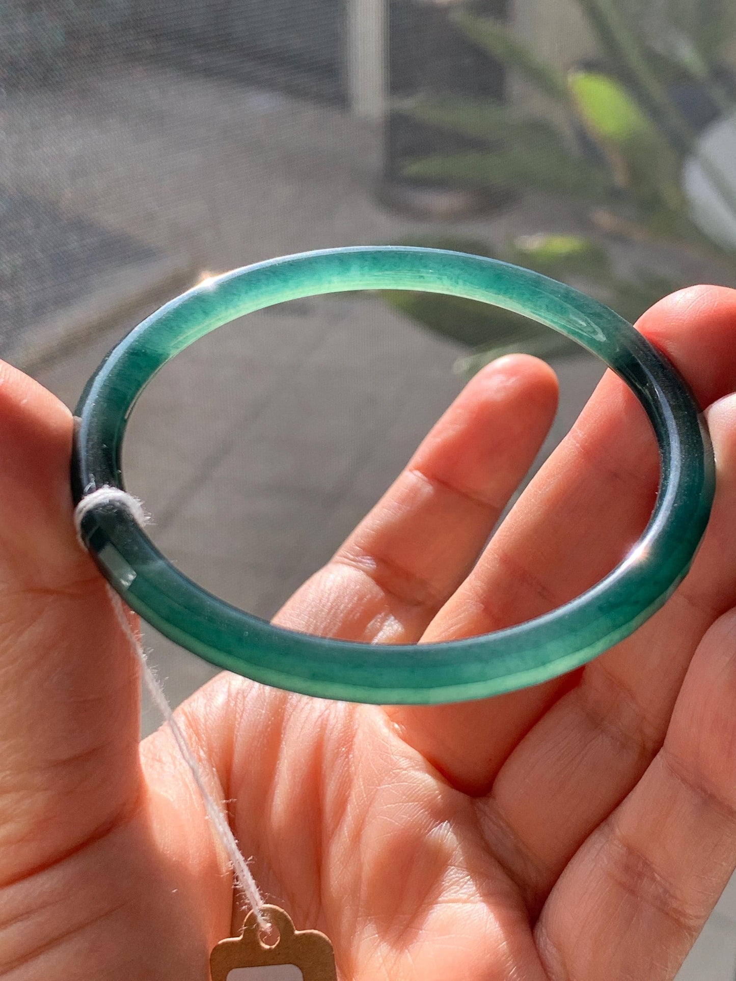 Certified Natural Grade A Guatemalan Icy Highly Translucent Deep Teal Green Faceted Jadeite Slim Bangle 57.56mm 7.11” 天然冰胶危深蓝绿翡翠细圆条切割面手镯 465