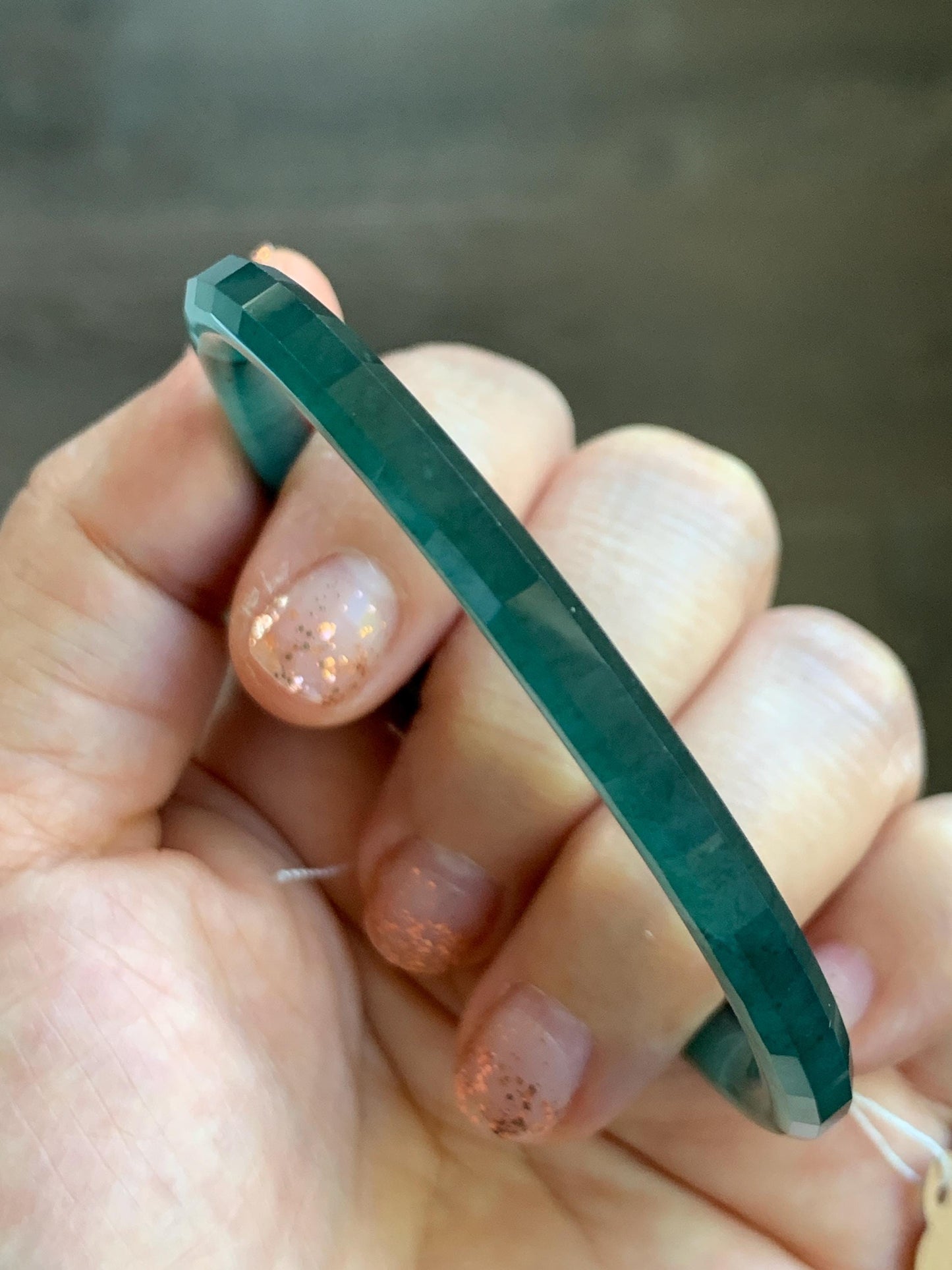 Certified Natural Grade A Guatemalan Icy Highly Translucent Deep Teal Green Faceted Jadeite Slim Bangle 57.56mm 7.11” 天然冰胶危深蓝绿翡翠细圆条切割面手镯 465