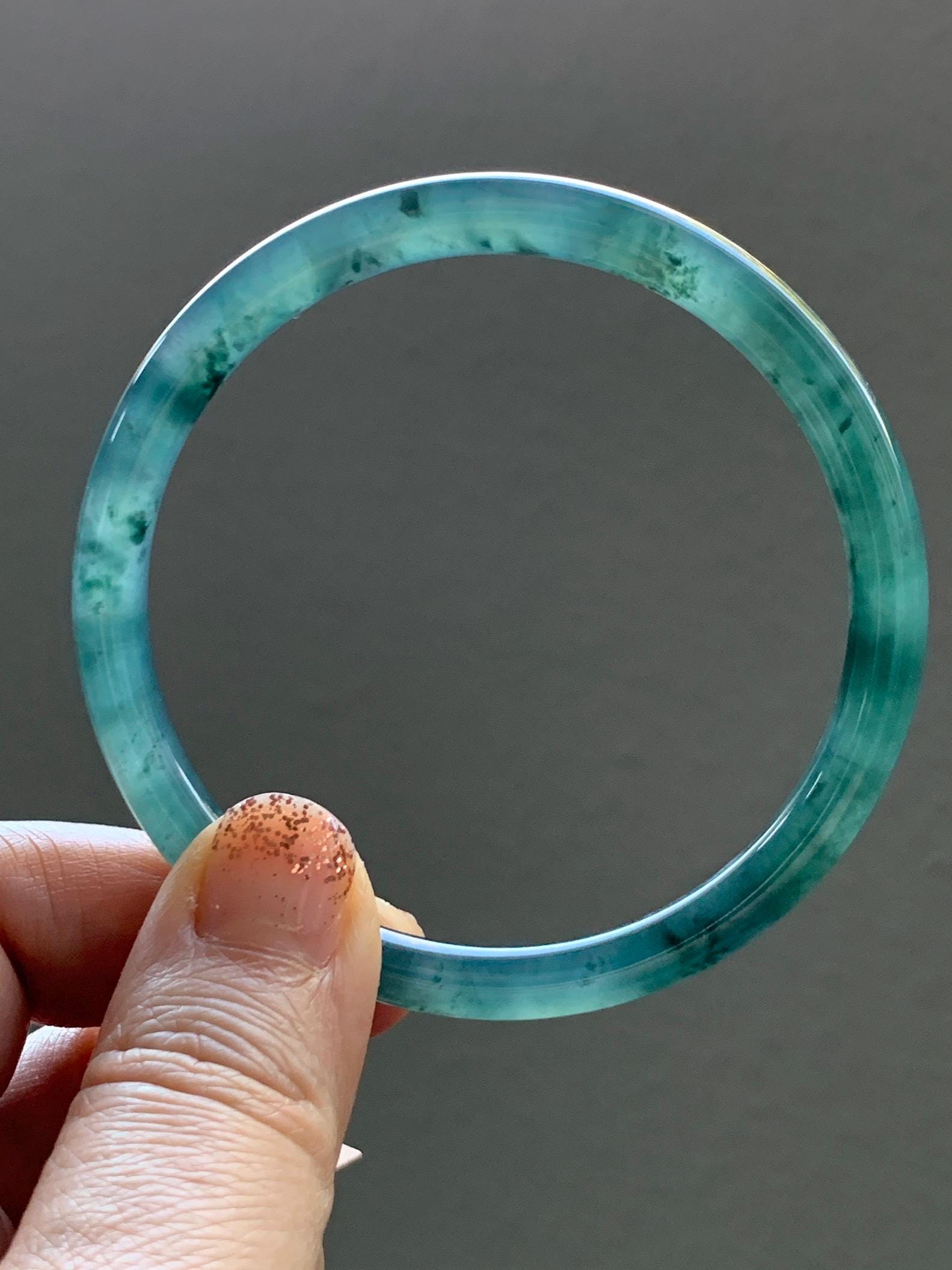 Certified Natural Grade A Guatemalan Icy Translucent Teal Green Marbled Jade Jadeite Bangle Bracelet 58.5mm 7.23” 21.48g 天然冰胶危蓝飘花翡翠细圆条手镯 453