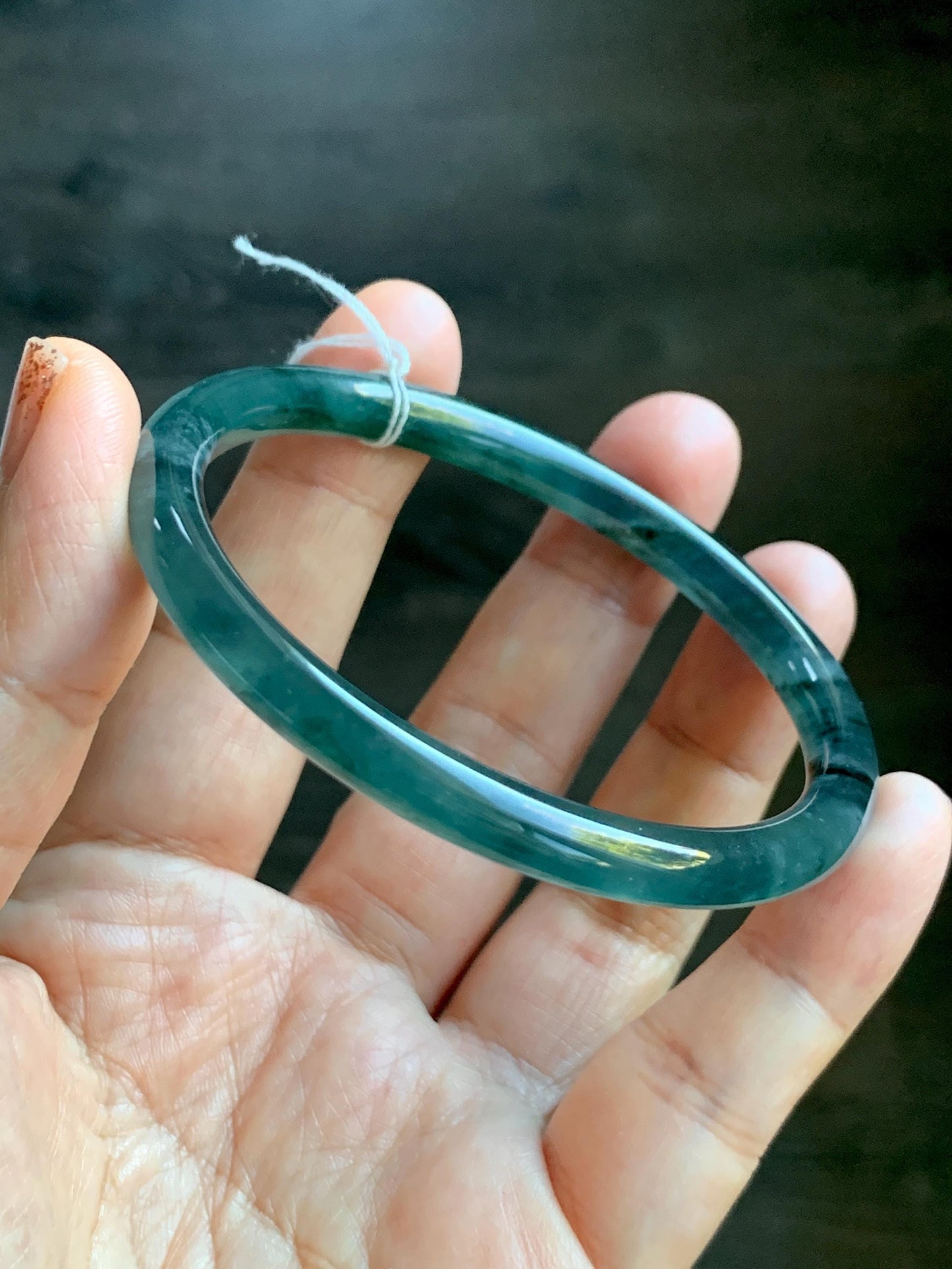 Certified Natural Grade A Guatemalan Icy Translucent Teal Green Marbled Jade Jadeite Bangle Bracelet 58.5mm 7.23” 21.48g 天然冰胶危蓝飘花翡翠细圆条手镯 453