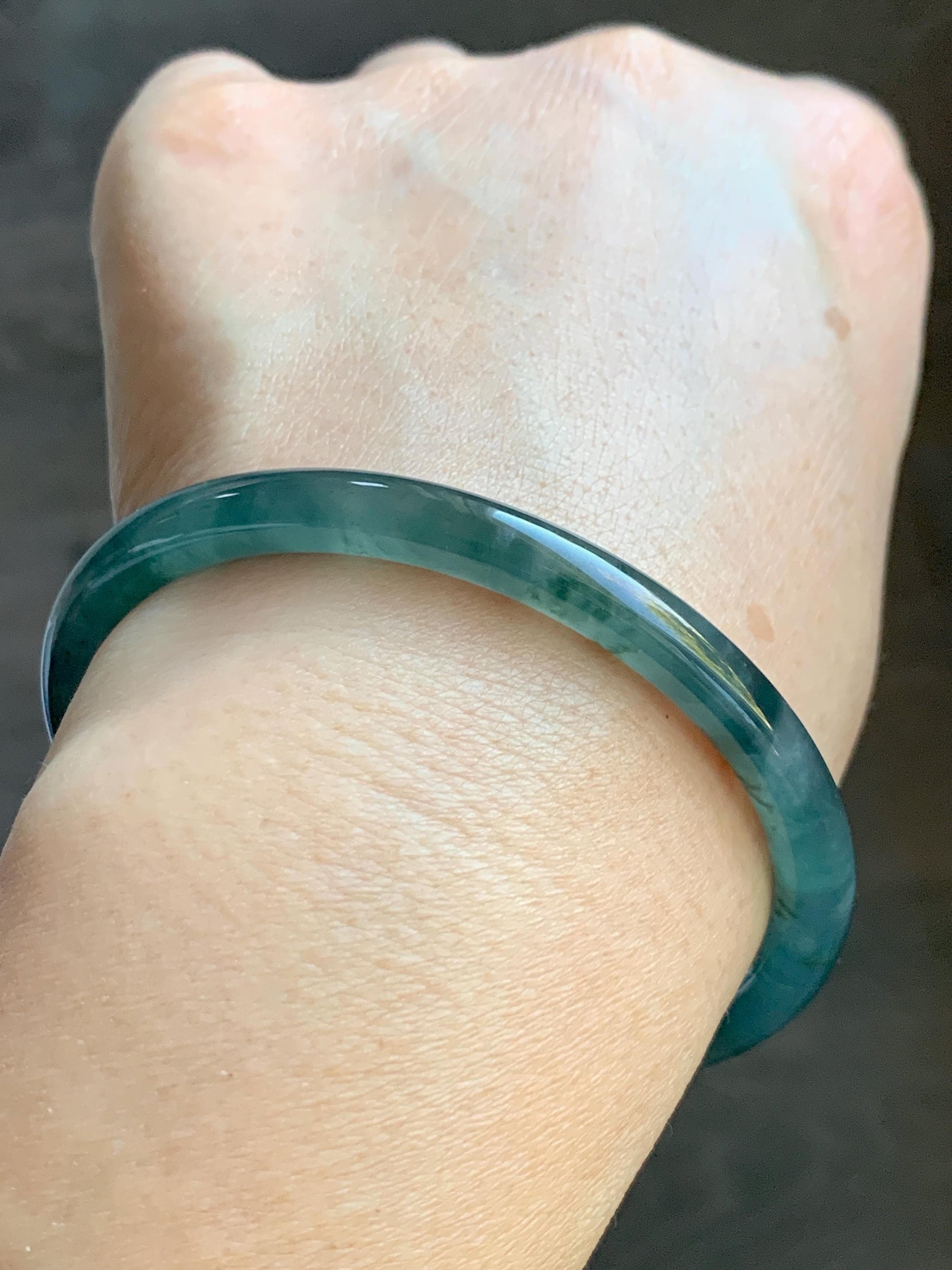 Certified Natural Grade A Guatemalan Icy Translucent Teal Green Marbled Jade Jadeite Bangle Bracelet 58.5mm 7.23” 21.48g 天然冰胶危蓝飘花翡翠细圆条手镯 453