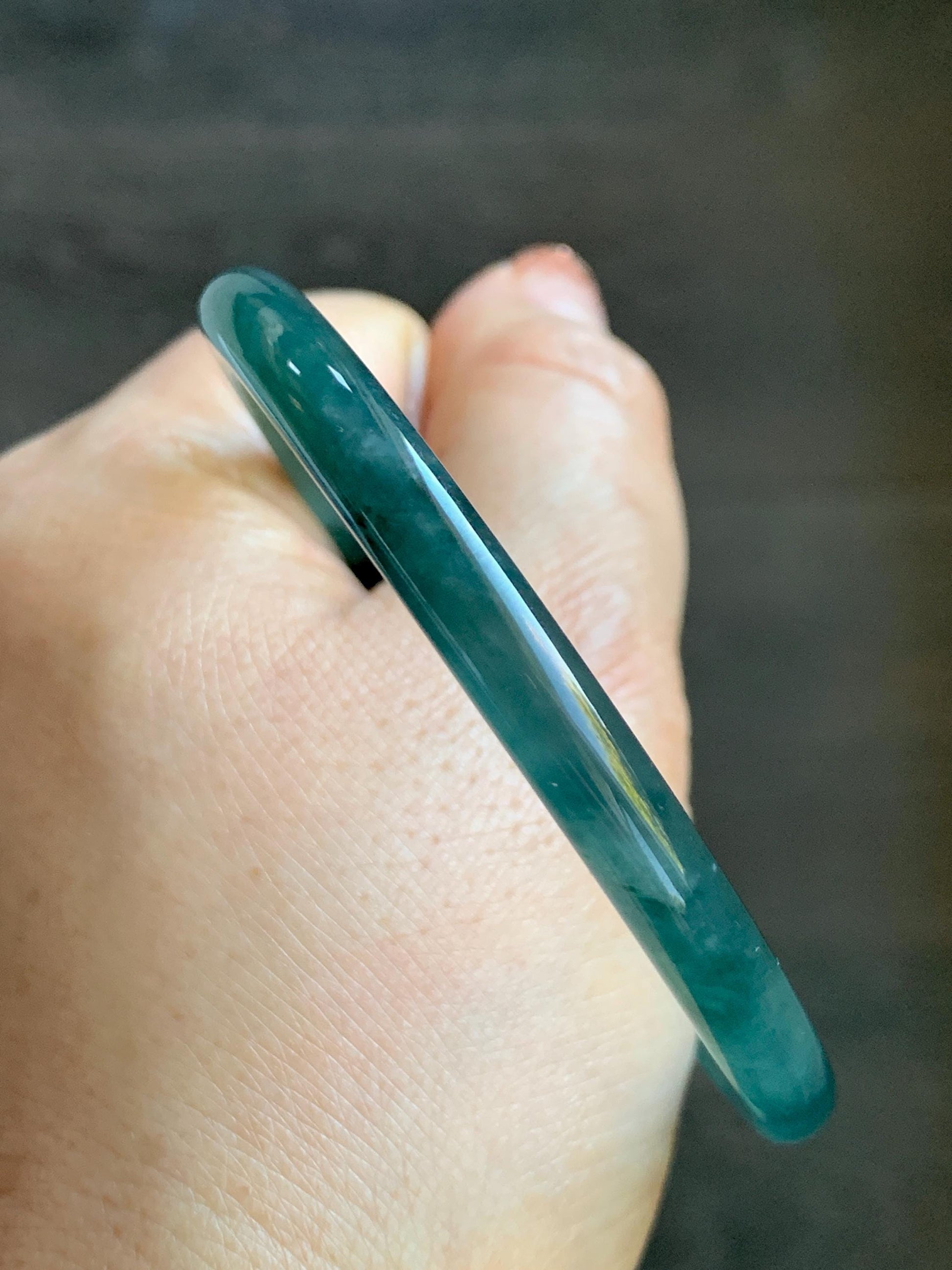 Certified Natural Grade A Guatemalan Icy Translucent Teal Green Marbled Jade Jadeite Bangle Bracelet 58.5mm 7.23” 21.48g 天然冰胶危蓝飘花翡翠细圆条手镯 453