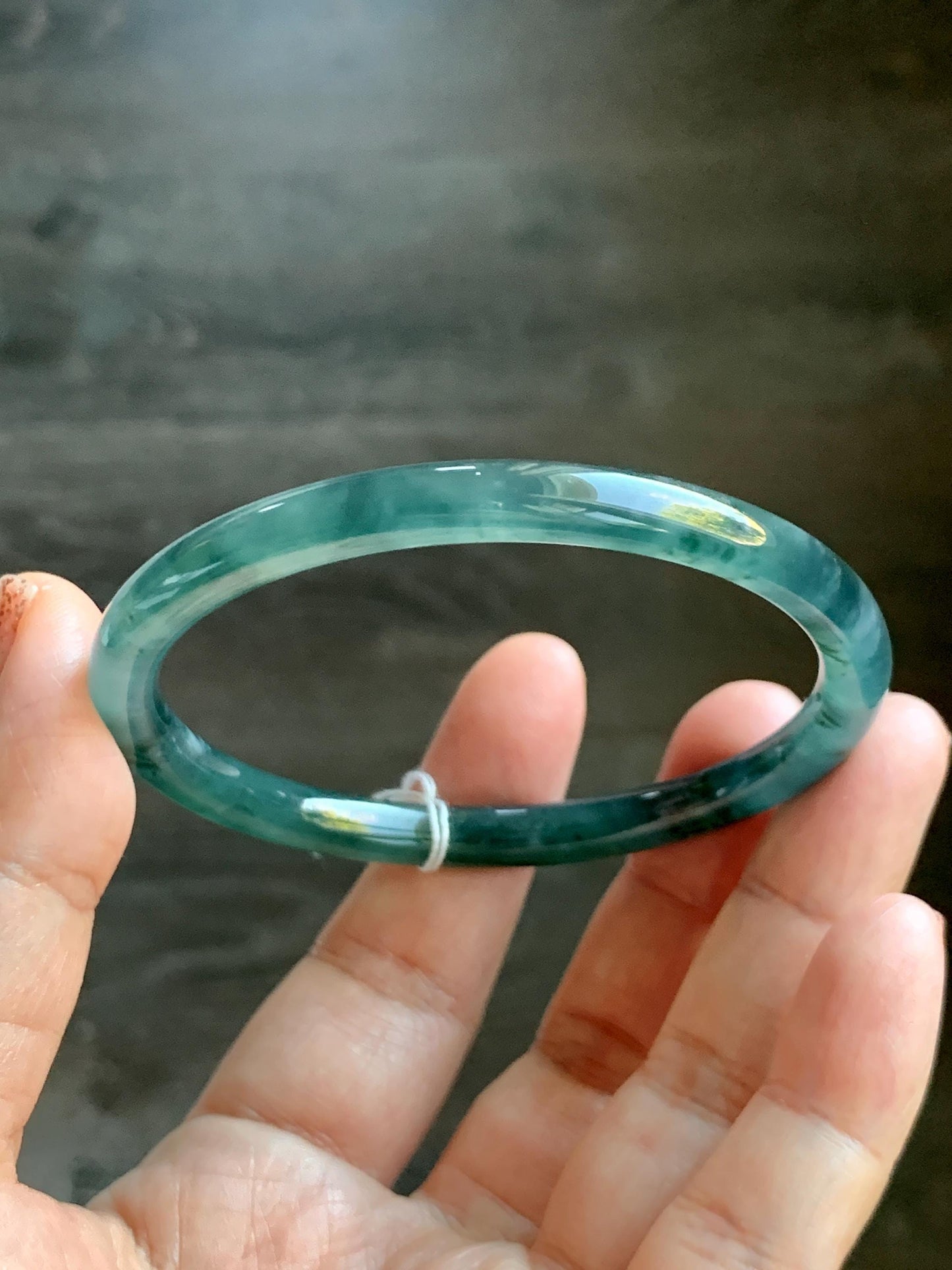 Certified Natural Grade A Guatemalan Icy Translucent Teal Green Marbled Jade Jadeite Bangle Bracelet 58.5mm 7.23” 21.48g 天然冰胶危蓝飘花翡翠细圆条手镯 453