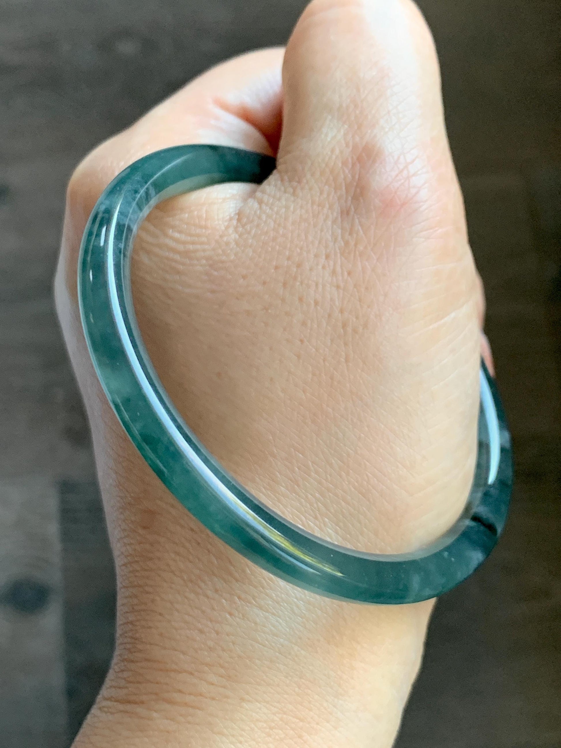 Certified Natural Grade A Guatemalan Icy Translucent Teal Green Marbled Jade Jadeite Bangle Bracelet 58.5mm 7.23” 21.48g 天然冰胶危蓝飘花翡翠细圆条手镯 453