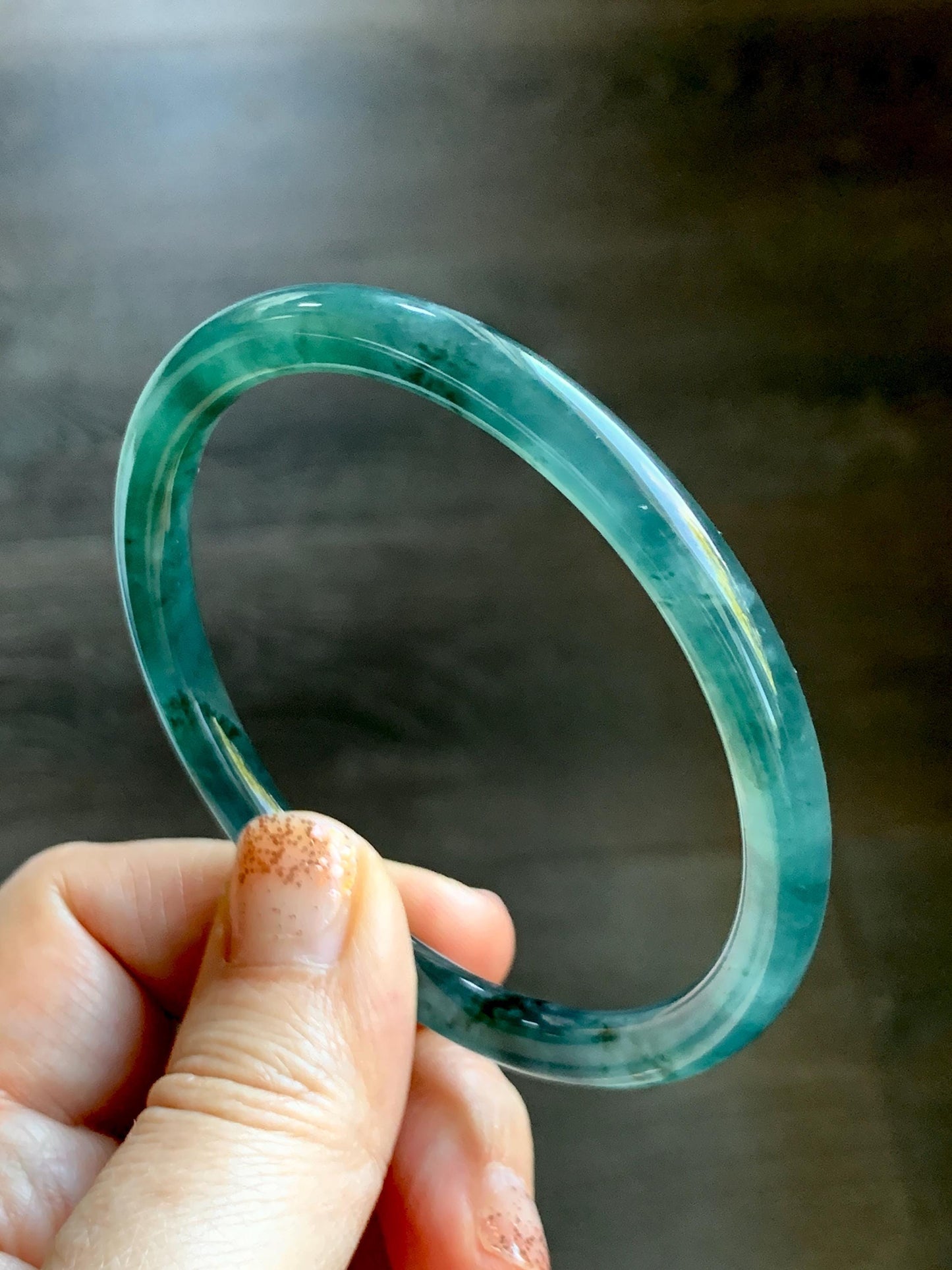 Certified Natural Grade A Guatemalan Icy Translucent Teal Green Marbled Jade Jadeite Bangle Bracelet 58.5mm 7.23” 21.48g 天然冰胶危蓝飘花翡翠细圆条手镯 453