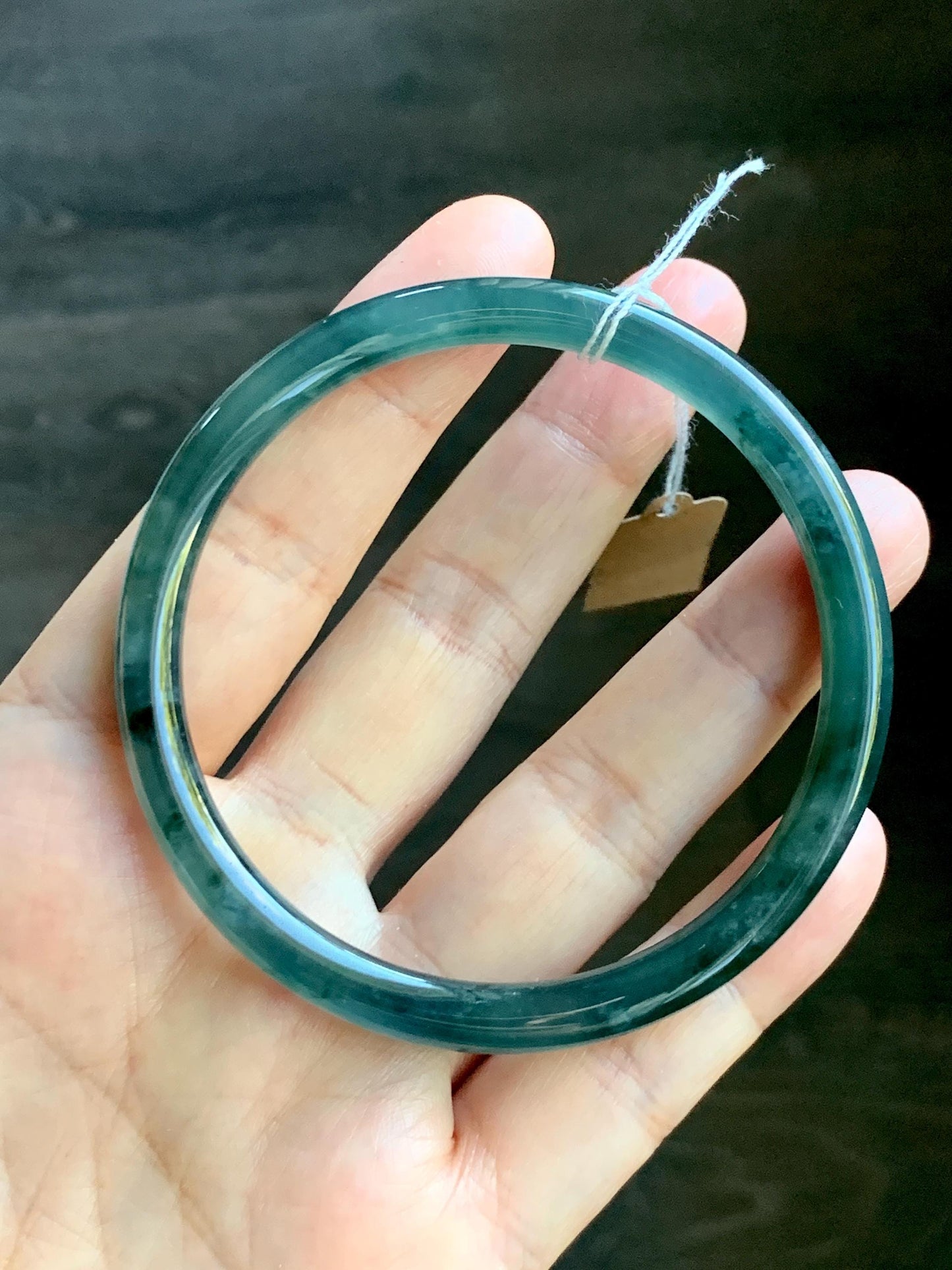 Certified Natural Grade A Guatemalan Icy Translucent Teal Green Marbled Jade Jadeite Bangle Bracelet 58.5mm 7.23” 21.48g 天然冰胶危蓝飘花翡翠细圆条手镯 453