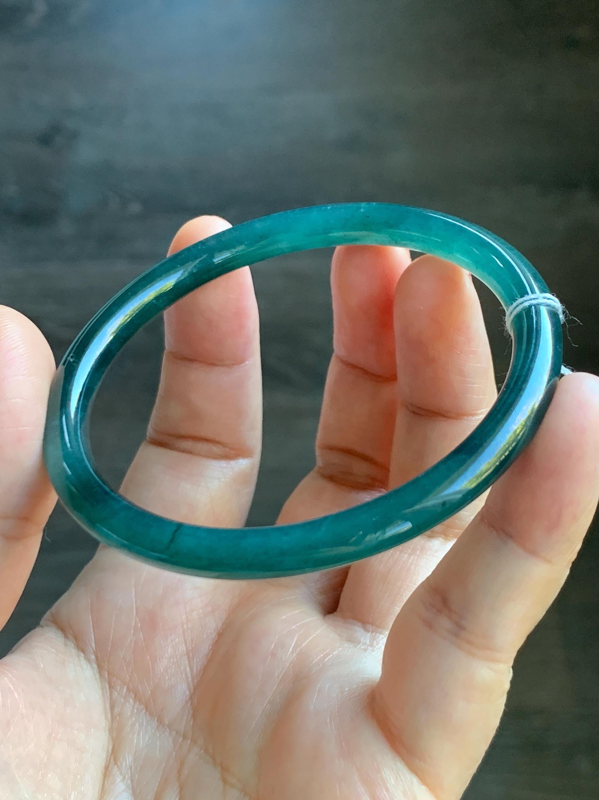 Certified Natural Grade A Guatemalan Icy Translucent Intense Teal Blue Jade Jadeite Bangle Bracelet 57.6mm 7.12” 20.5g 天然冰胶危深蓝绿翡翠细圆条手镯 467