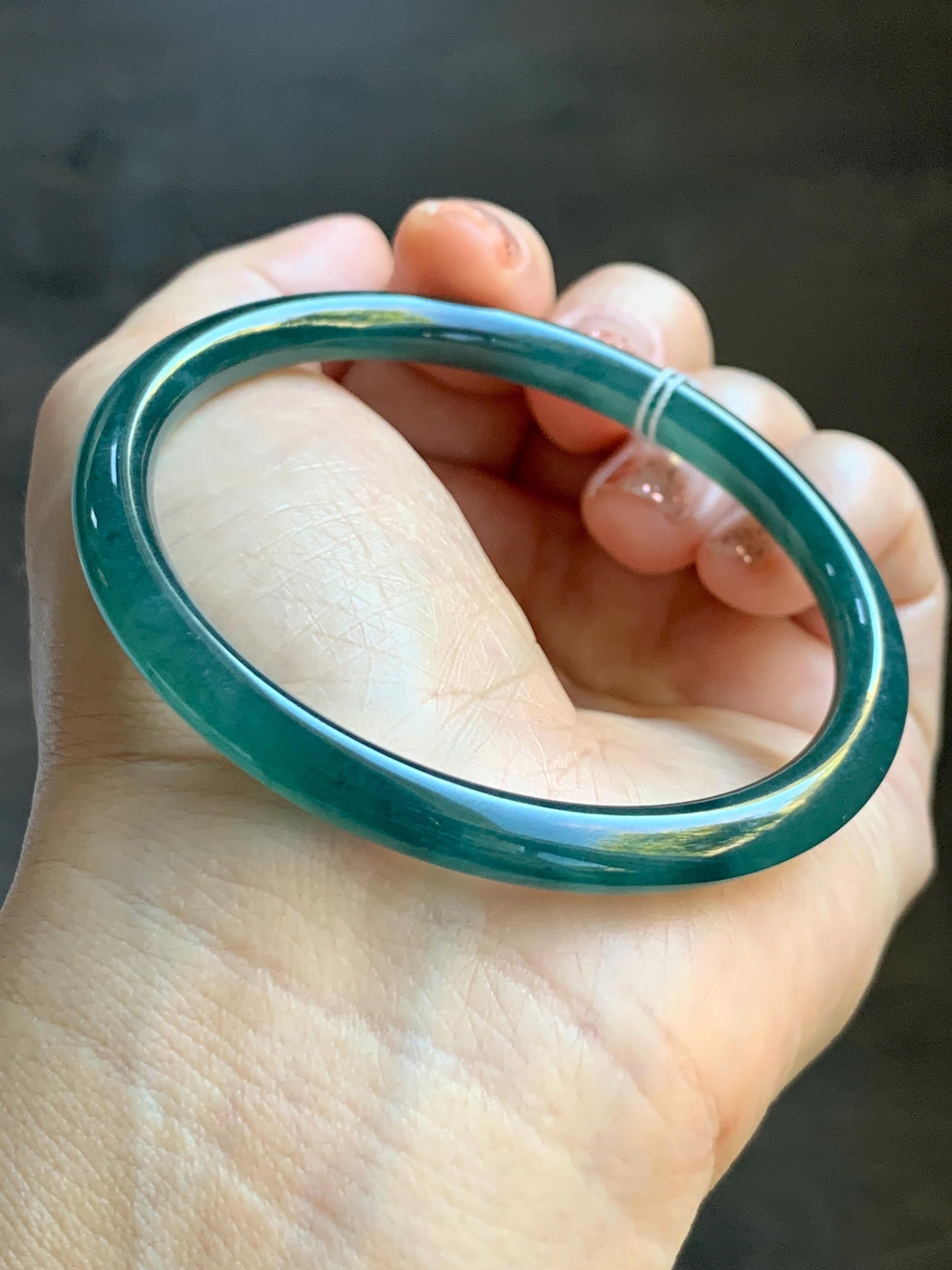 Certified Natural Grade A Guatemalan Icy Translucent Intense Teal Blue Jade Jadeite Bangle Bracelet 57.6mm 7.12” 20.5g 天然冰胶危深蓝绿翡翠细圆条手镯 467