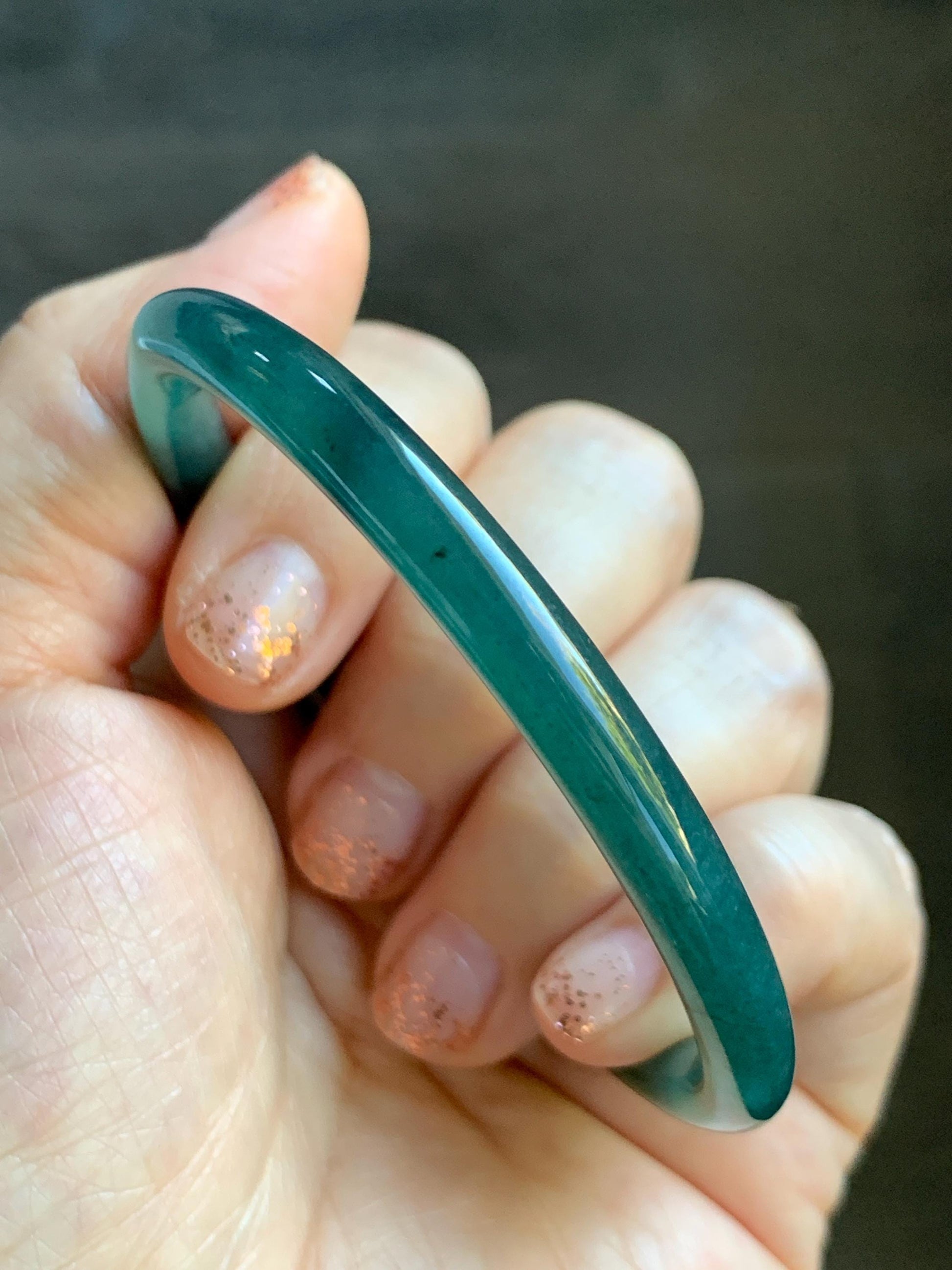 Certified Natural Grade A Guatemalan Icy Translucent Intense Teal Blue Jade Jadeite Bangle Bracelet 57.6mm 7.12” 20.5g 天然冰胶危深蓝绿翡翠细圆条手镯 467
