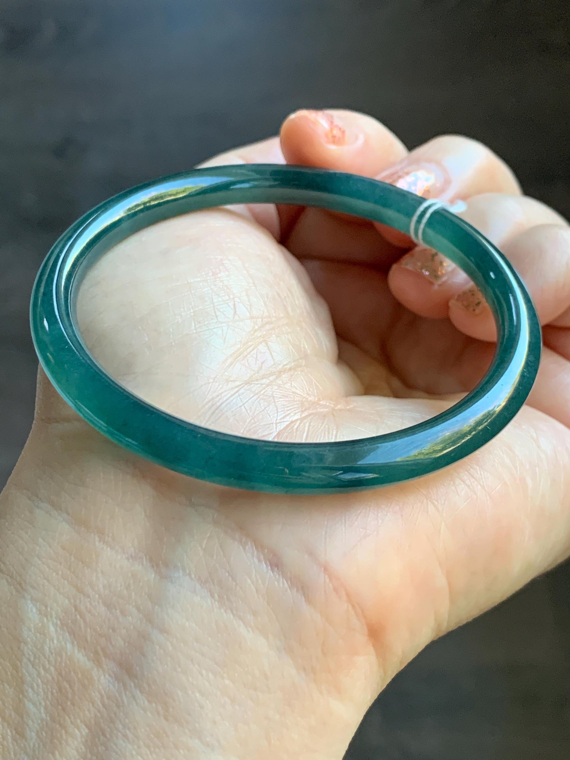 Certified Natural Grade A Guatemalan Icy Translucent Intense Teal Blue Jade Jadeite Bangle Bracelet 57.6mm 7.12” 20.5g 天然冰胶危深蓝绿翡翠细圆条手镯 467