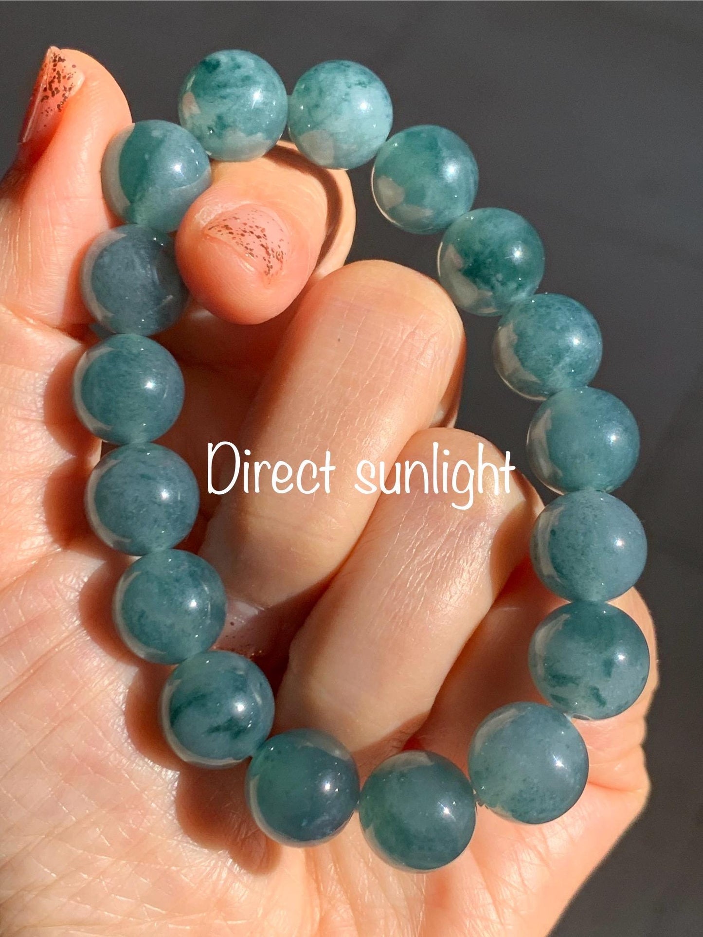 Natural Grade A Guatemalan Icy Highly Translucent Teal Blue Marbled Jade Jadeite Beaded Bracelet Stretchy 11.8mm 7.5” 天然冰危蓝飘绿翡翠圆珠手串 WPH440A