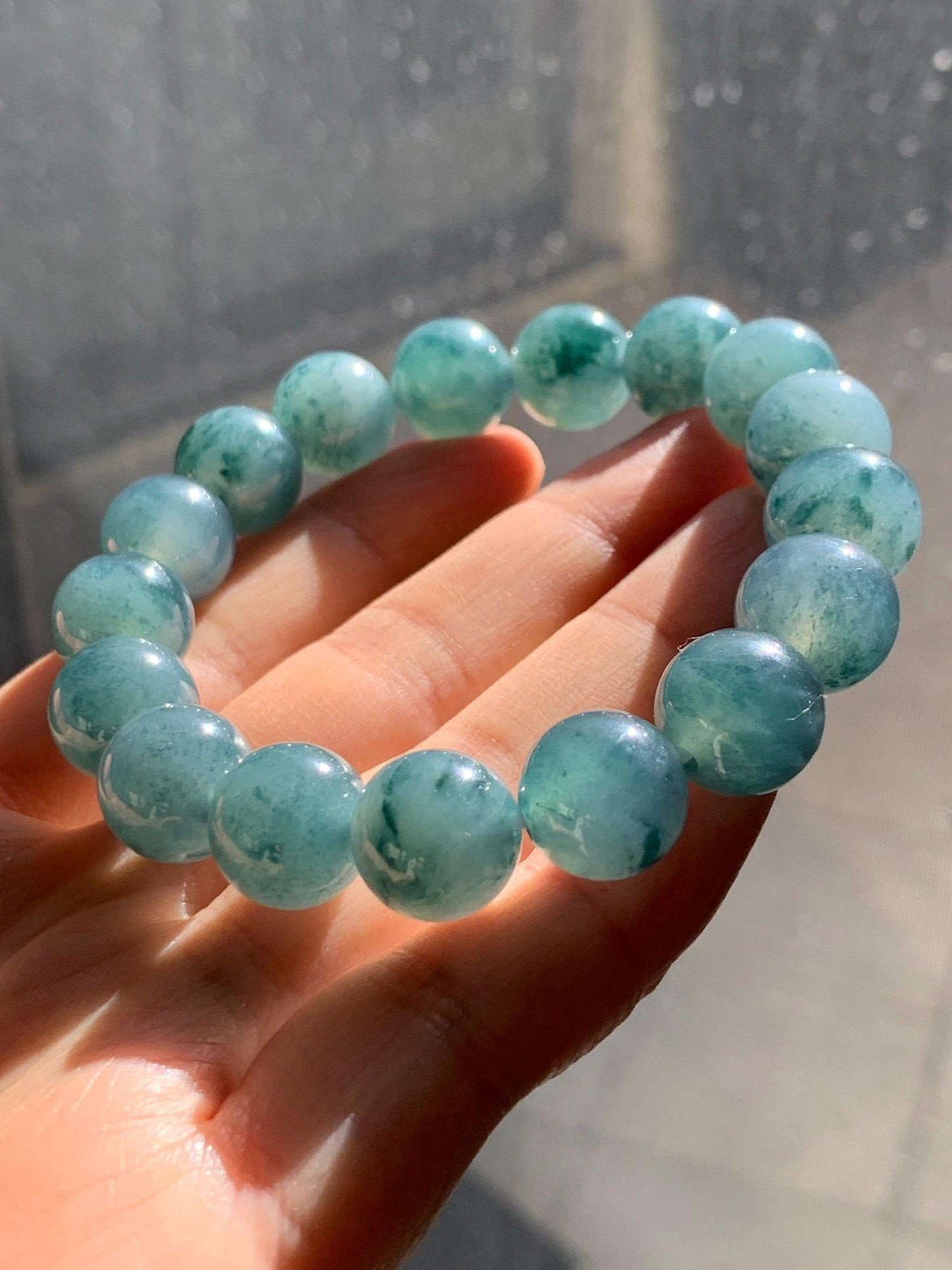 Natural Grade A Guatemalan Icy Highly Translucent Teal Blue Marbled Jade Jadeite Beaded Bracelet Stretchy 11.8mm 7.5” 天然冰危蓝飘绿翡翠圆珠手串 WPH440A