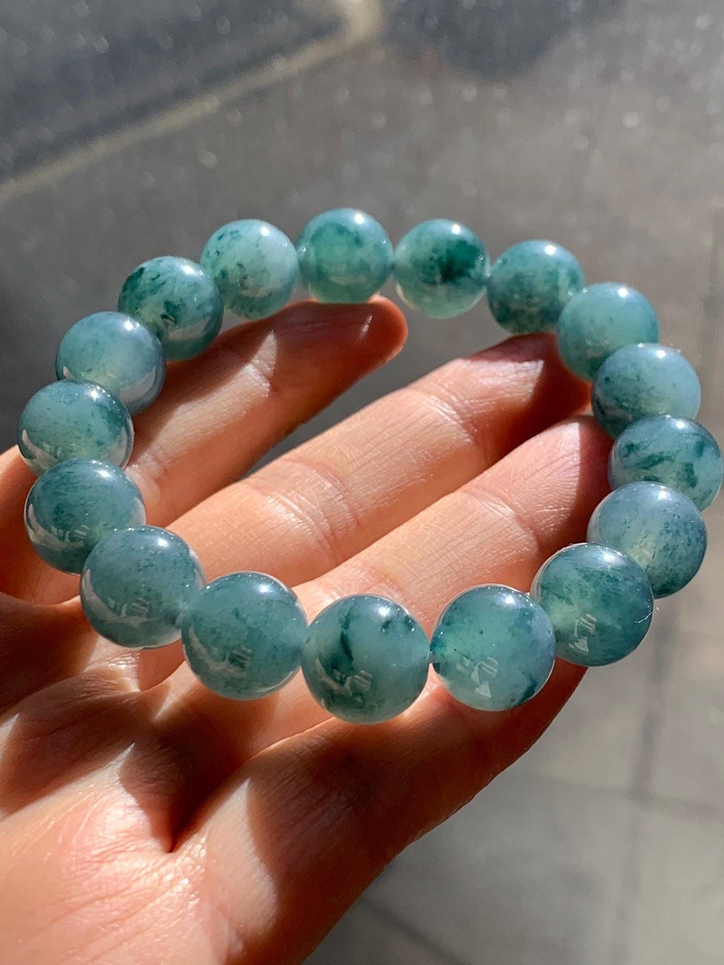 Natural Grade A Guatemalan Icy Highly Translucent Teal Blue Marbled Jade Jadeite Beaded Bracelet Stretchy 11.8mm 7.5” 天然冰危蓝飘绿翡翠圆珠手串 WPH440A