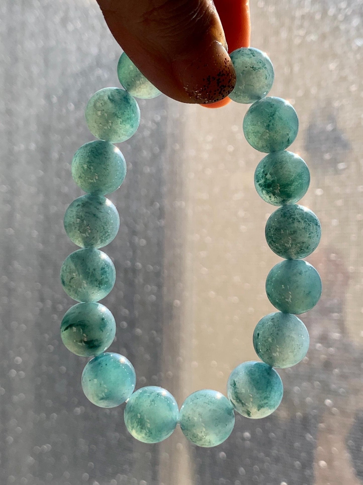 Natural Grade A Guatemalan Icy Highly Translucent Teal Blue Marbled Jade Jadeite Beaded Bracelet Stretchy 11.8mm 7.5” 天然冰危蓝飘绿翡翠圆珠手串 WPH440A