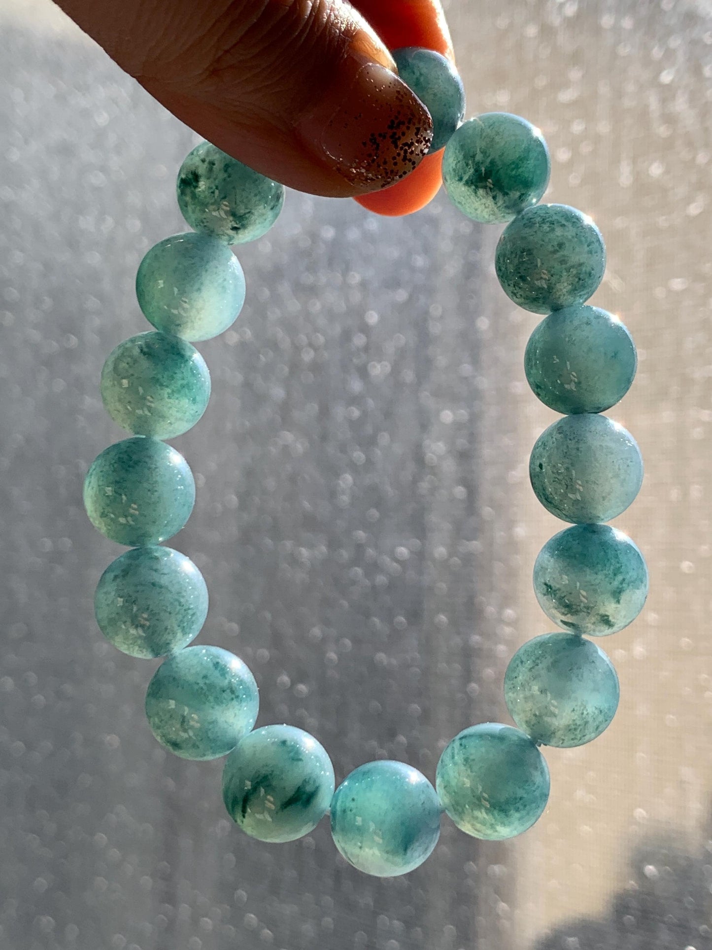 Natural Grade A Guatemalan Icy Highly Translucent Teal Blue Marbled Jade Jadeite Beaded Bracelet Stretchy 11.8mm 7.5” 天然冰危蓝飘绿翡翠圆珠手串 WPH440A