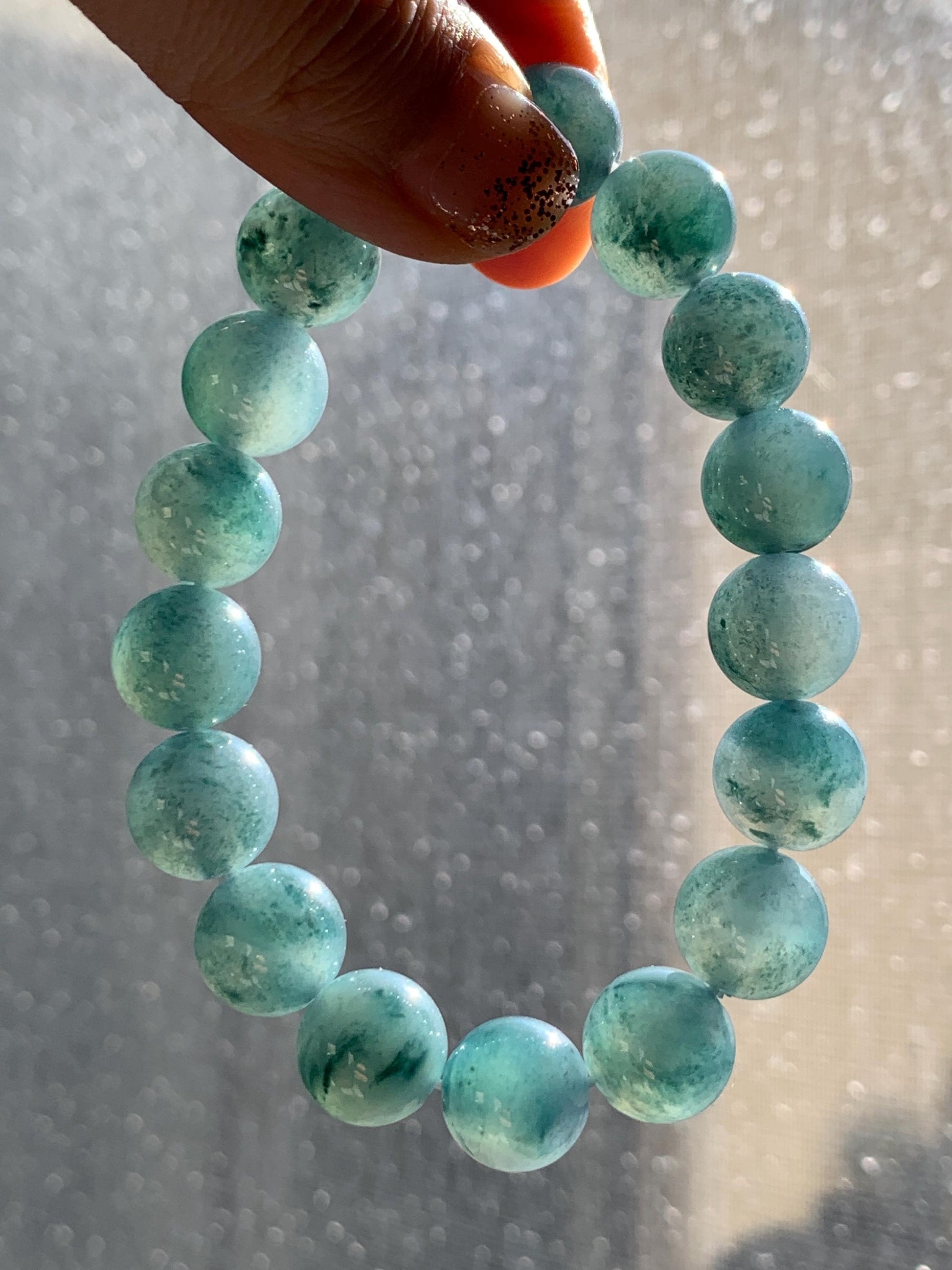 Natural Grade A Guatemalan Icy Highly Translucent Teal Blue Marbled Jade Jadeite Beaded Bracelet Stretchy 11.8mm 7.5” 天然冰危蓝飘绿翡翠圆珠手串 WPH440A