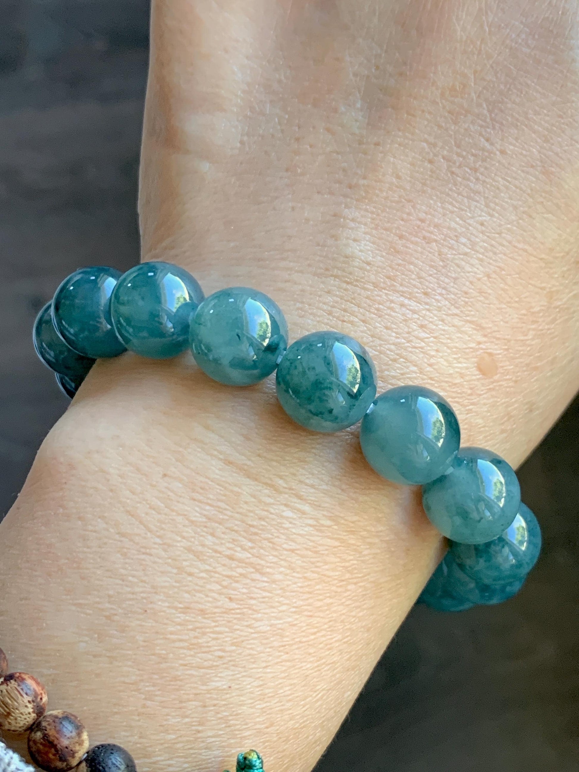 Natural Grade A Guatemalan Icy Highly Translucent Teal Blue Marbled Jade Jadeite Beaded Bracelet Stretchy 11.8mm 7.5” 天然冰危蓝飘绿翡翠圆珠手串 WPH440A