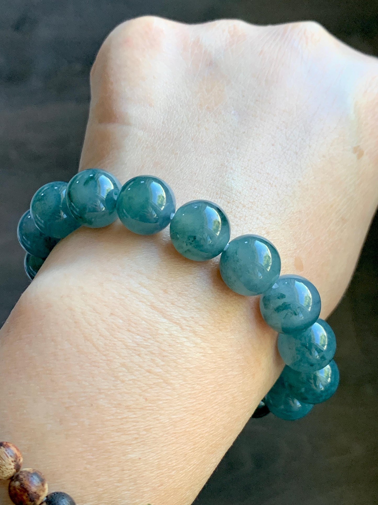 Natural Grade A Guatemalan Icy Highly Translucent Teal Blue Marbled Jade Jadeite Beaded Bracelet Stretchy 11.8mm 7.5” 天然冰危蓝飘绿翡翠圆珠手串 WPH440A