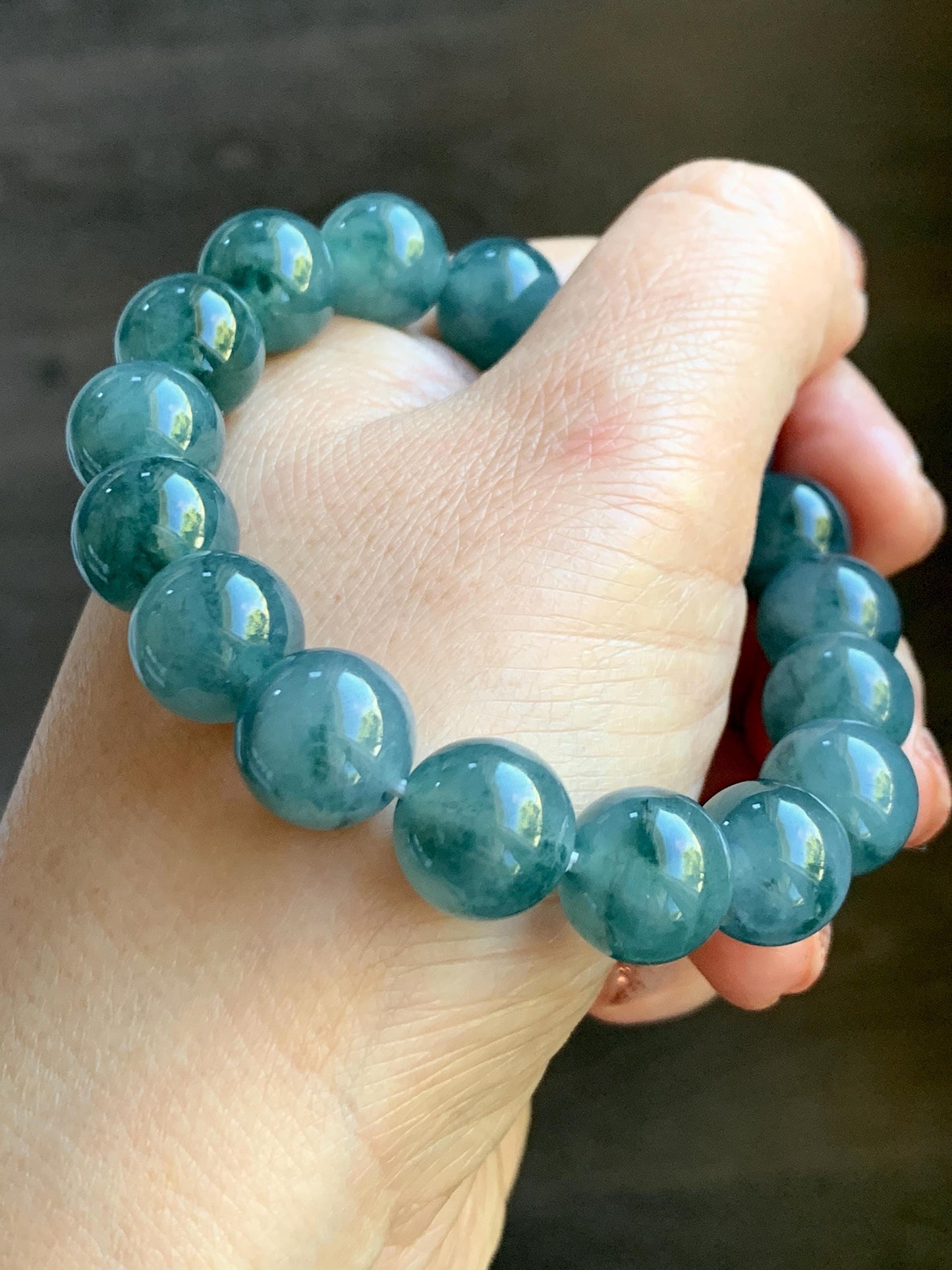 Natural Grade A Guatemalan Icy Highly Translucent Teal Blue Marbled Jade Jadeite Beaded Bracelet Stretchy 11.8mm 7.5” 天然冰危蓝飘绿翡翠圆珠手串 WPH440A