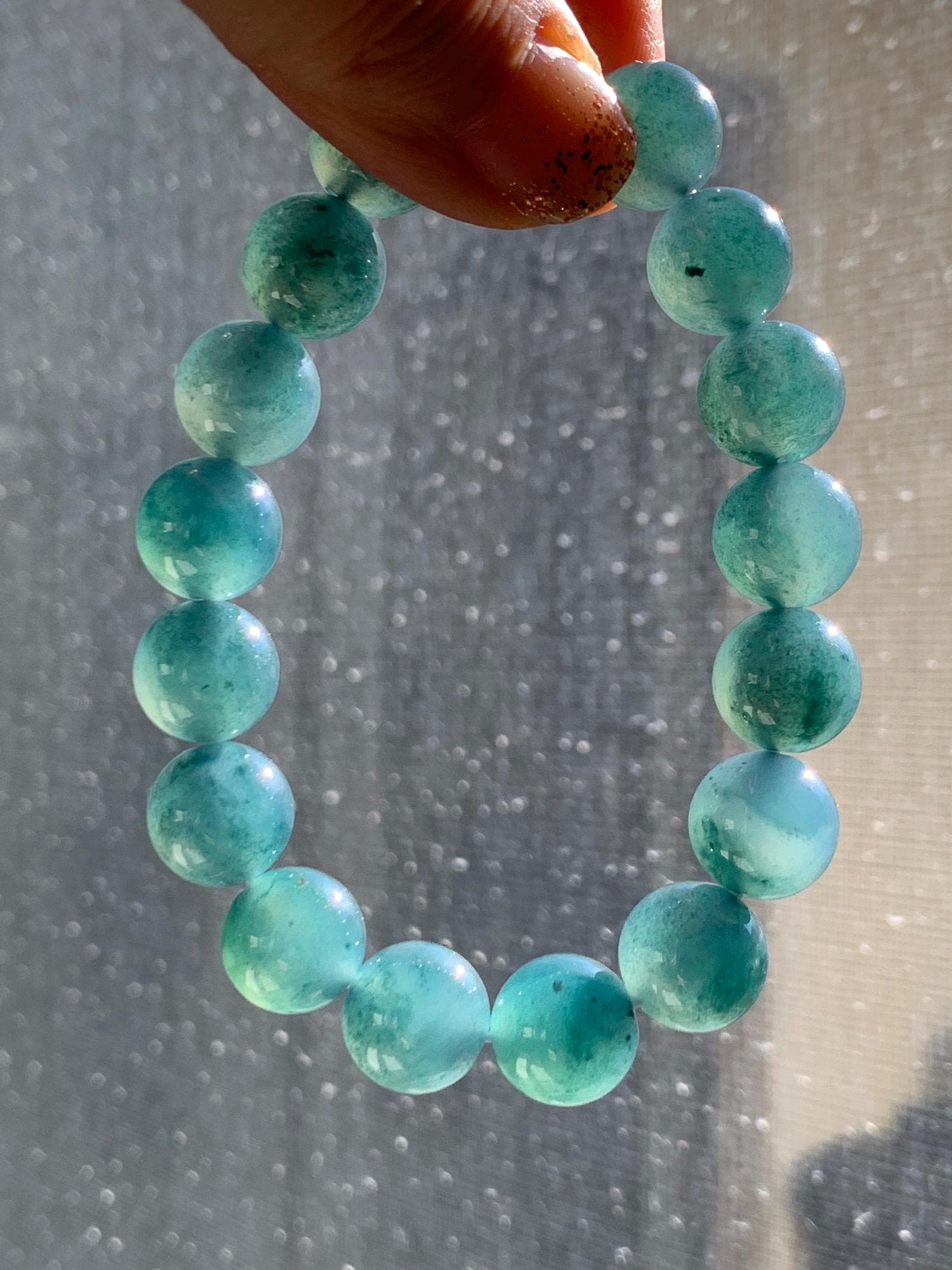 Natural Grade A Guatemalan Icy Highly Translucent Teal Blue Marbled Jade Jadeite Beaded Bracelet Stretchy 11.8mm 7.5” 天然冰危蓝飘绿翡翠圆珠手串 WPH440B