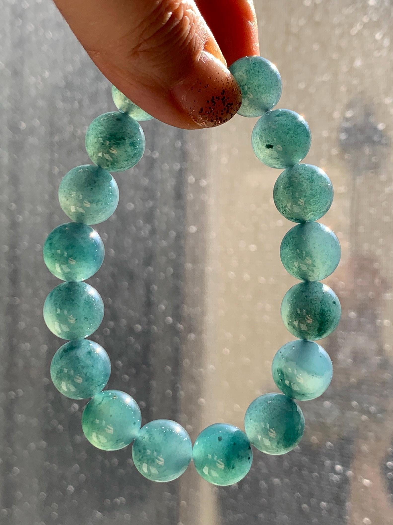 Natural Grade A Guatemalan Icy Highly Translucent Teal Blue Marbled Jade Jadeite Beaded Bracelet Stretchy 11.8mm 7.5” 天然冰危蓝飘绿翡翠圆珠手串 WPH440B