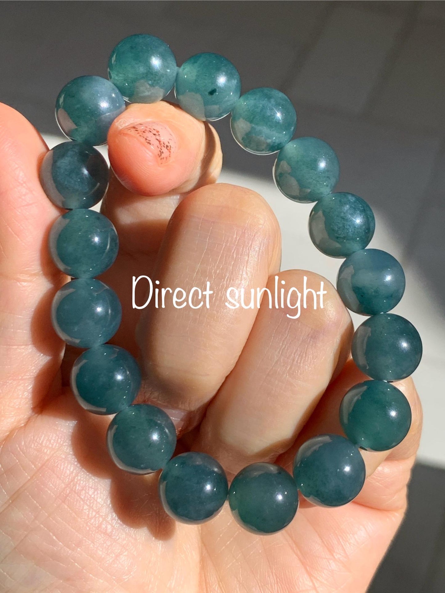 Natural Grade A Guatemalan Icy Highly Translucent Teal Blue Marbled Jade Jadeite Beaded Bracelet Stretchy 11.8mm 7.5” 天然冰危蓝飘绿翡翠圆珠手串 WPH440B