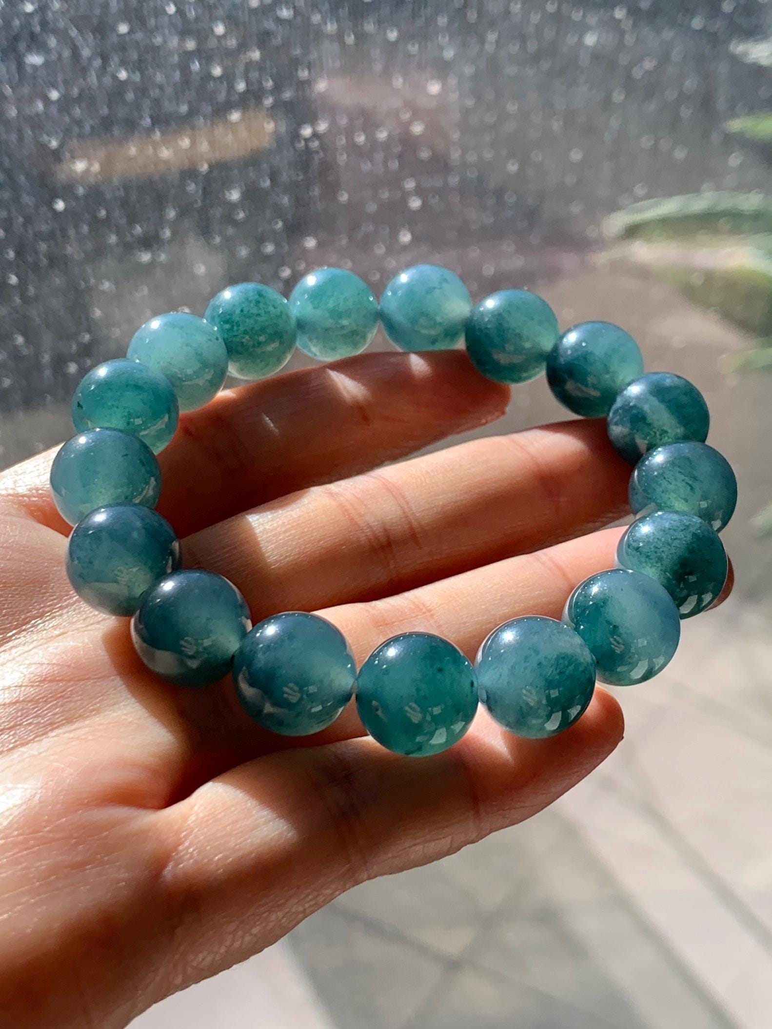 Natural Grade A Guatemalan Icy Highly Translucent Teal Blue Marbled Jade Jadeite Beaded Bracelet Stretchy 11.8mm 7.5” 天然冰危蓝飘绿翡翠圆珠手串 WPH440B