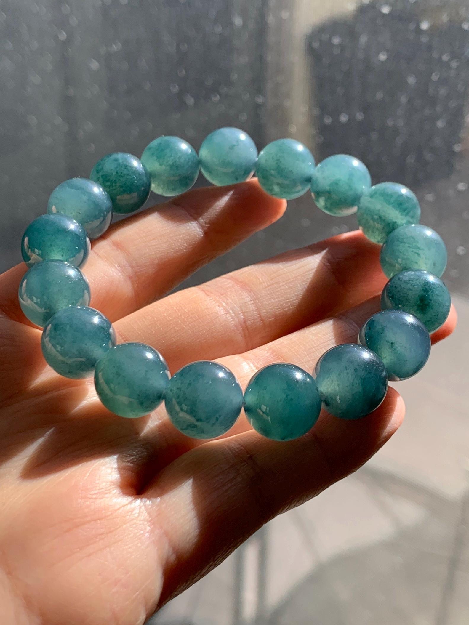 Natural Grade A Guatemalan Icy Highly Translucent Teal Blue Marbled Jade Jadeite Beaded Bracelet Stretchy 11.8mm 7.5” 天然冰危蓝飘绿翡翠圆珠手串 WPH440B