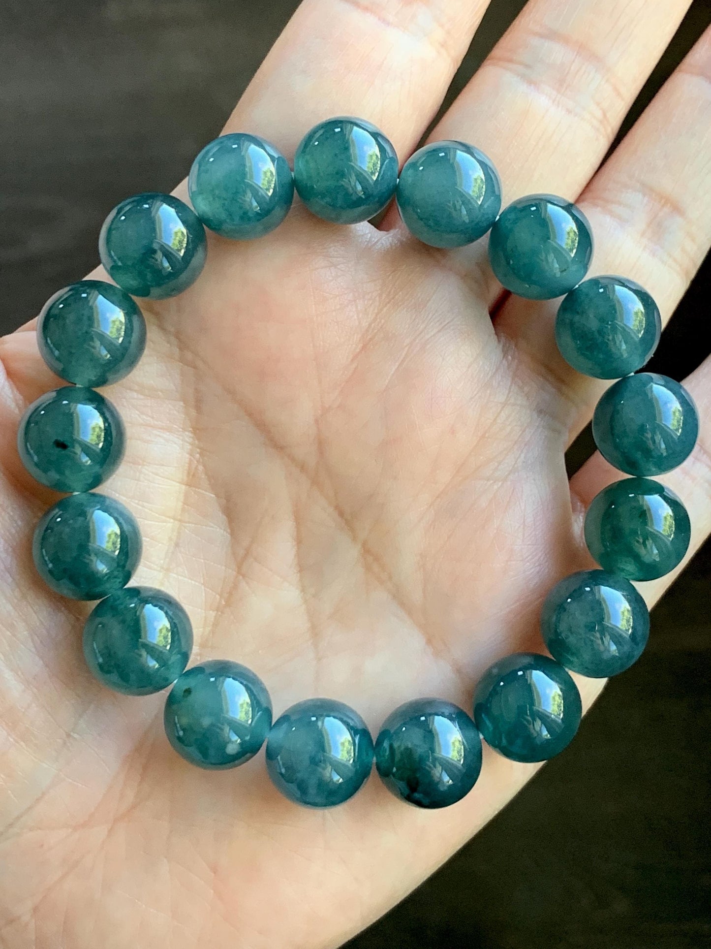 Natural Grade A Guatemalan Icy Highly Translucent Teal Blue Marbled Jade Jadeite Beaded Bracelet Stretchy 11.8mm 7.5” 天然冰危蓝飘绿翡翠圆珠手串 WPH440B