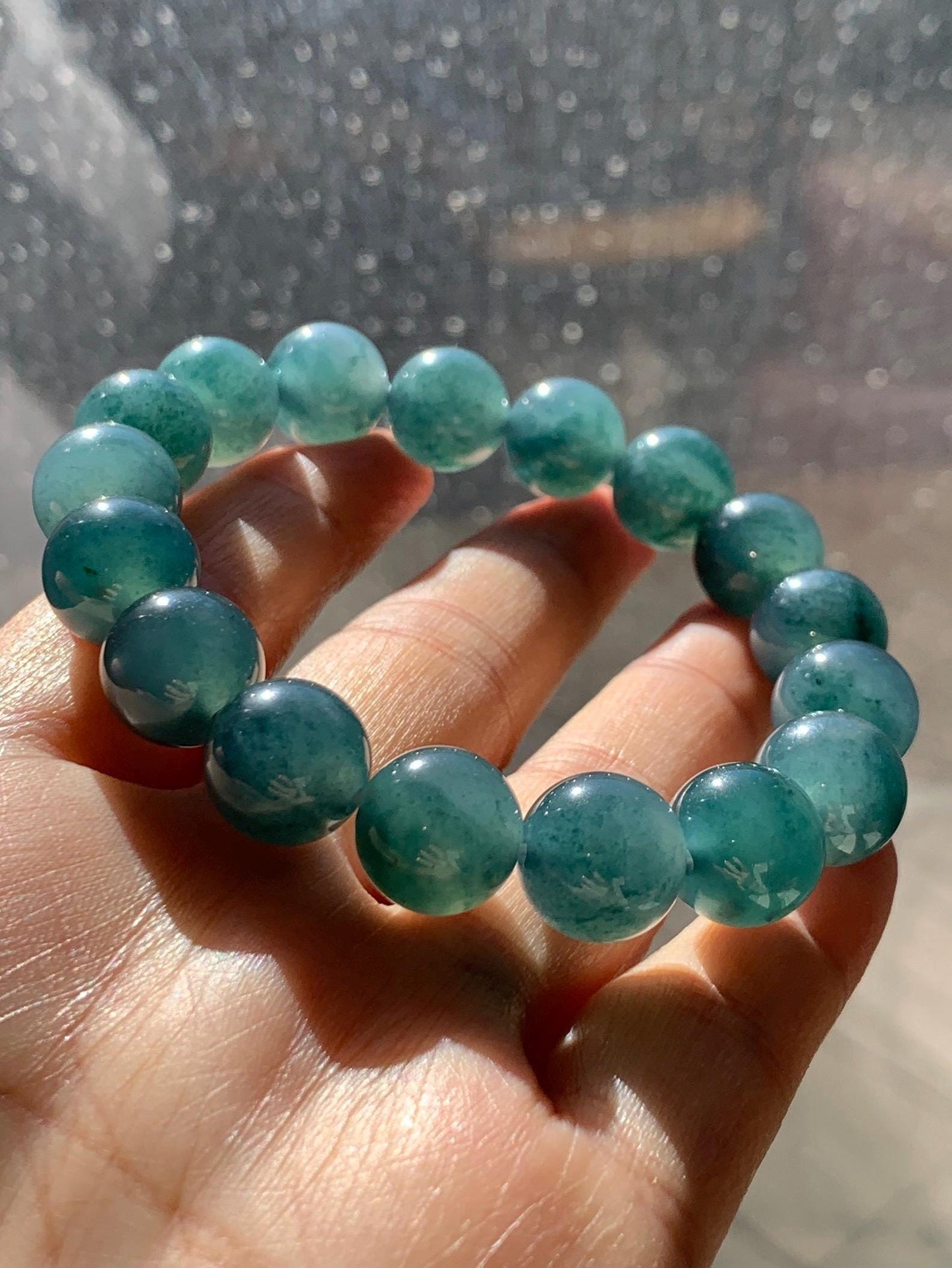 Natural Grade A Guatemalan Icy Highly Translucent Teal Blue Marbled Jade Jadeite Beaded Bracelet Stretchy 11.8mm 7.5” 天然冰危蓝飘绿翡翠圆珠手串 WPH440B