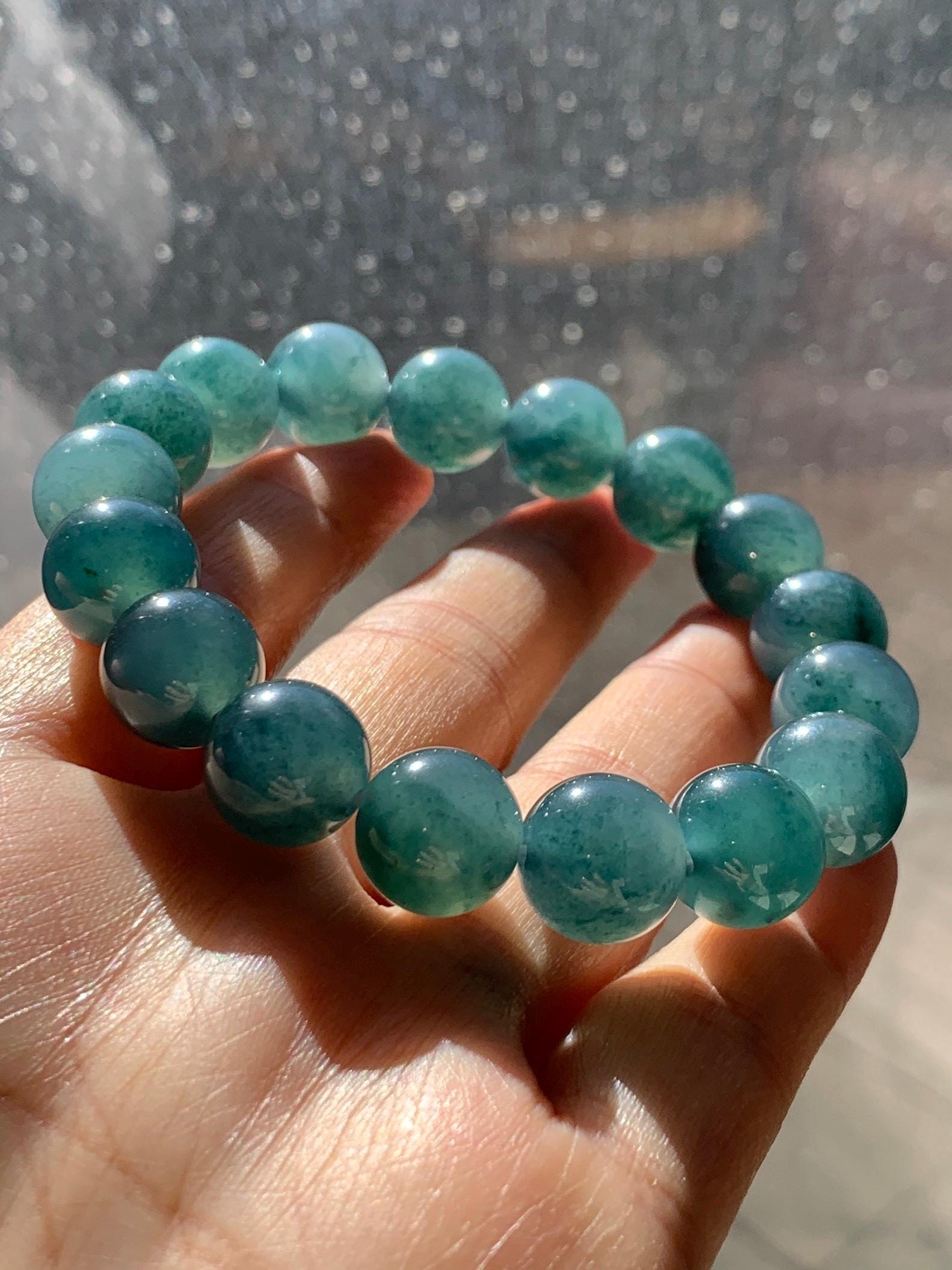 Natural Grade A Guatemalan Icy Highly Translucent Teal Blue Marbled Jade Jadeite Beaded Bracelet Stretchy 11.8mm 7.5” 天然冰危蓝飘绿翡翠圆珠手串 WPH440B