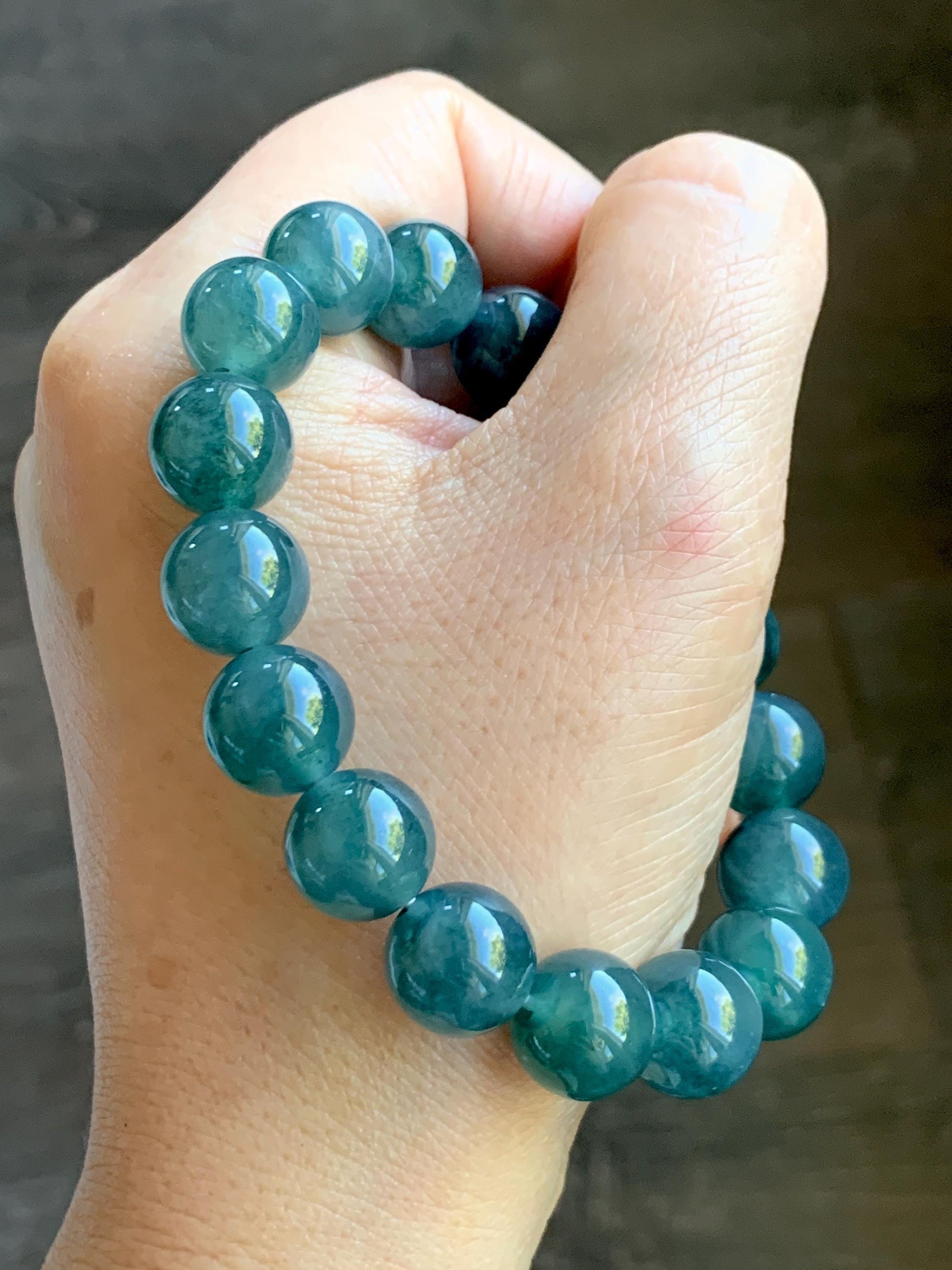 Natural Grade A Guatemalan Icy Highly Translucent Teal Blue Marbled Jade Jadeite Beaded Bracelet Stretchy 11.8mm 7.5” 天然冰危蓝飘绿翡翠圆珠手串 WPH440B