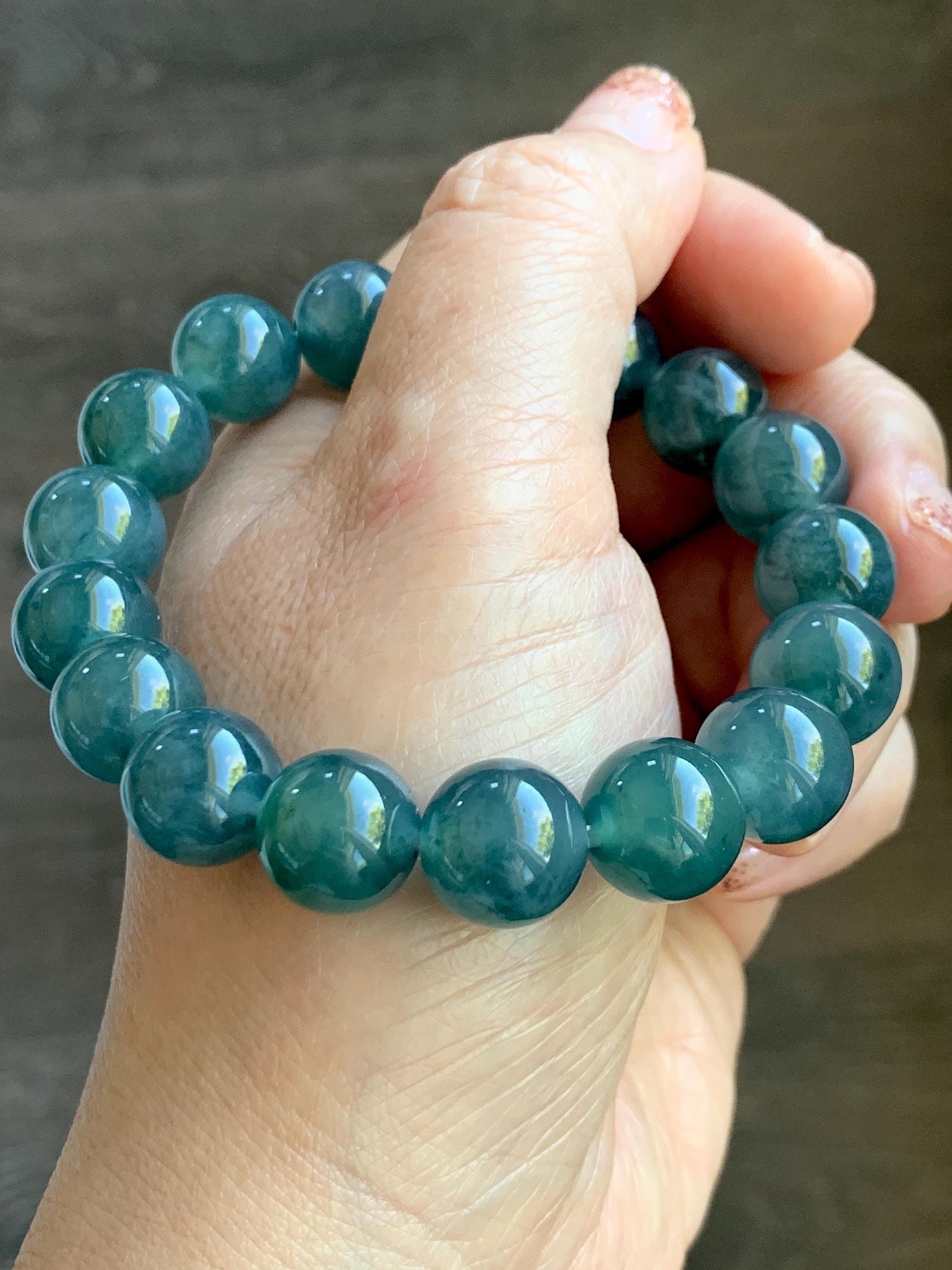Natural Grade A Guatemalan Icy Highly Translucent Teal Blue Marbled Jade Jadeite Beaded Bracelet Stretchy 11.8mm 7.5” 天然冰危蓝飘绿翡翠圆珠手串 WPH440B