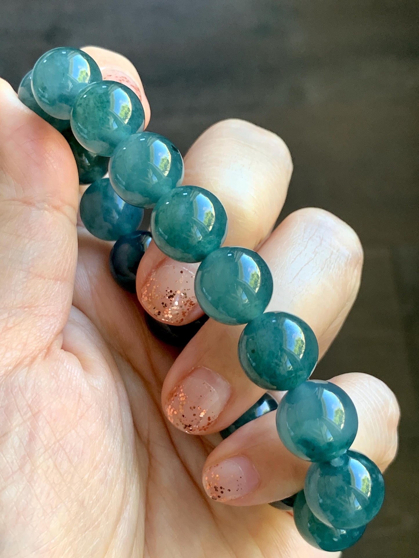Natural Grade A Guatemalan Icy Highly Translucent Teal Blue Marbled Jade Jadeite Beaded Bracelet Stretchy 11.8mm 7.5” 天然冰危蓝飘绿翡翠圆珠手串 WPH440B
