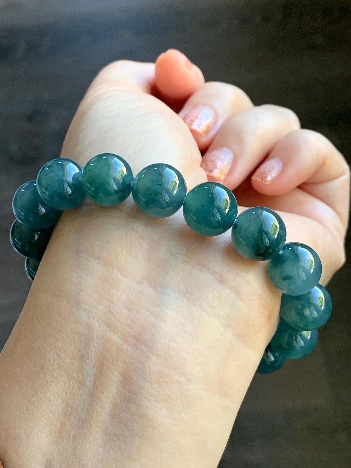 Natural Grade A Guatemalan Icy Highly Translucent Teal Blue Marbled Jade Jadeite Beaded Bracelet Stretchy 11.8mm 7.5” 天然冰危蓝飘绿翡翠圆珠手串 WPH440B