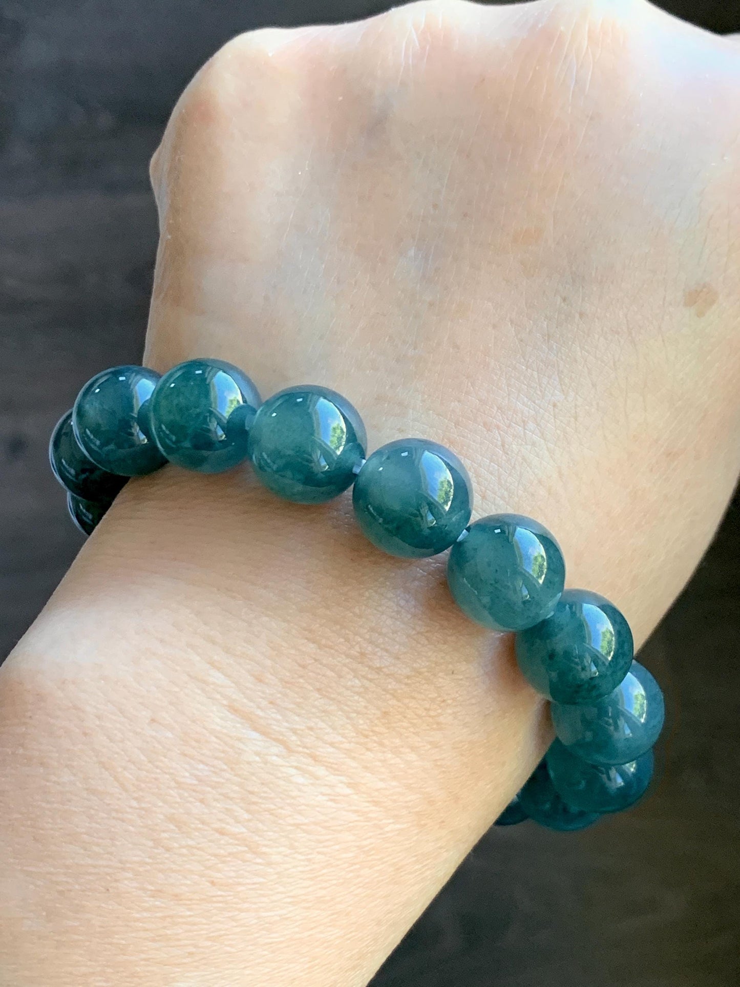 Natural Grade A Guatemalan Icy Highly Translucent Teal Blue Marbled Jade Jadeite Beaded Bracelet Stretchy 11.8mm 7.5” 天然冰危蓝飘绿翡翠圆珠手串 WPH440B