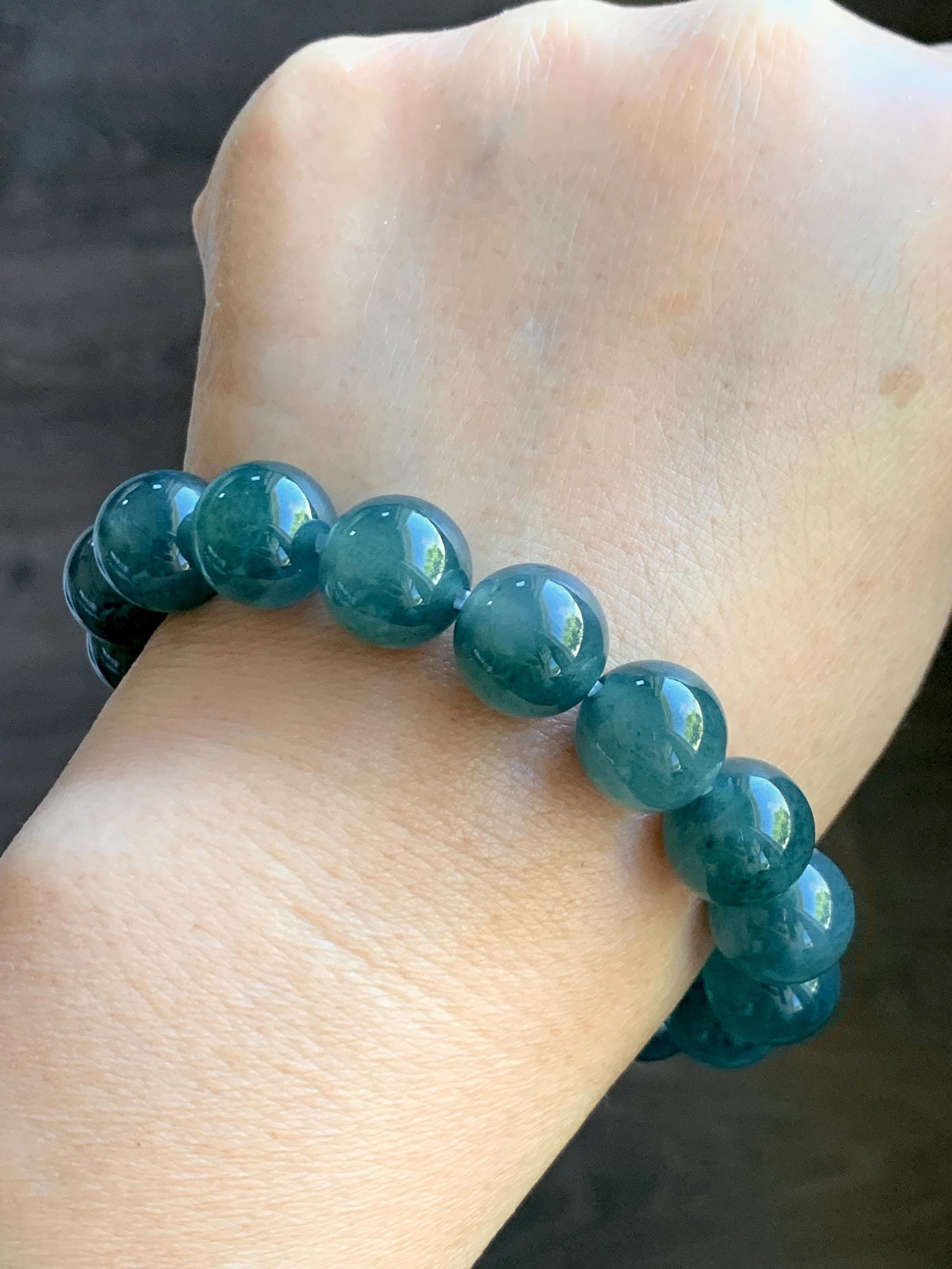 Natural Grade A Guatemalan Icy Highly Translucent Teal Blue Marbled Jade Jadeite Beaded Bracelet Stretchy 11.8mm 7.5” 天然冰危蓝飘绿翡翠圆珠手串 WPH440B