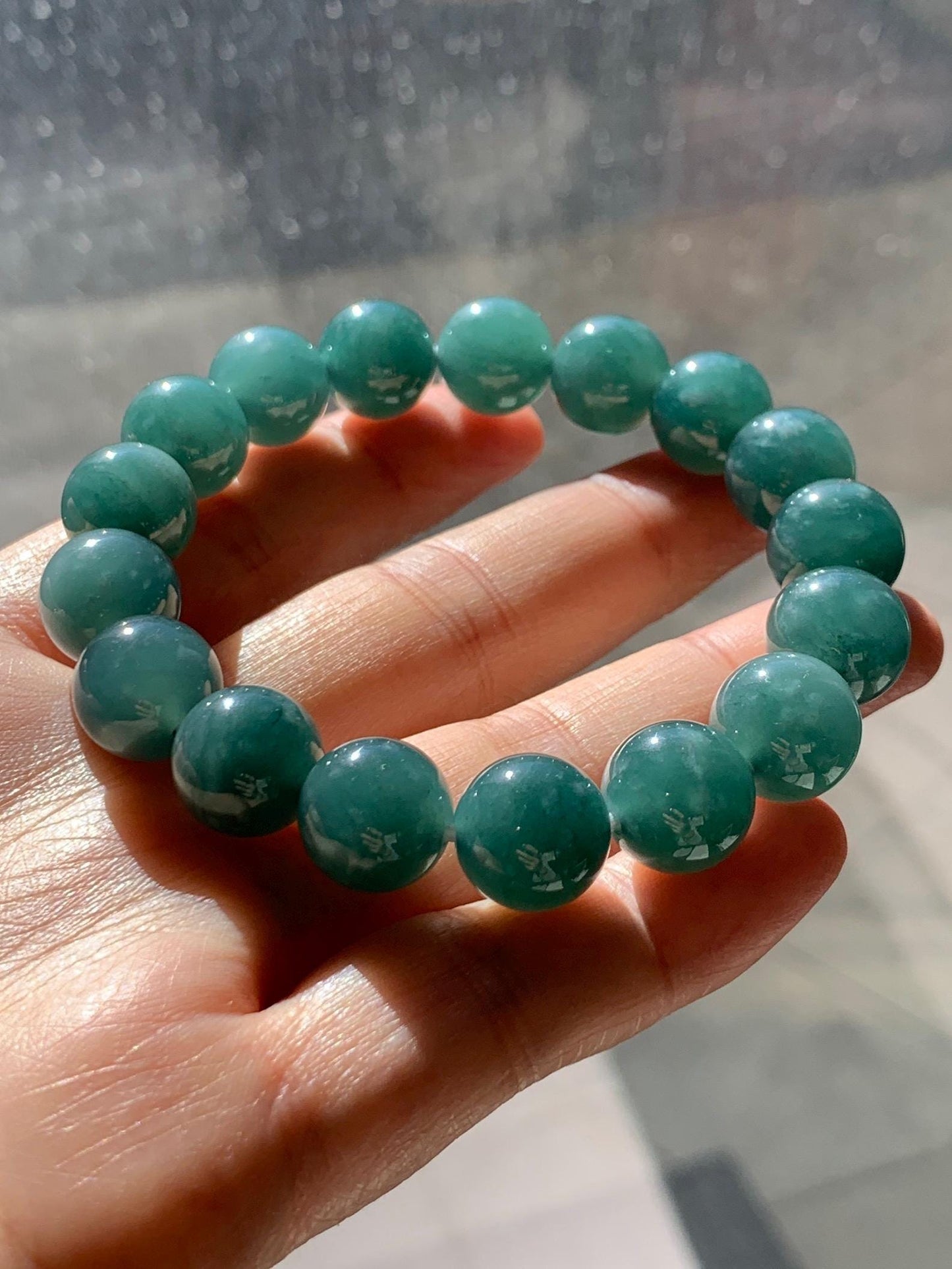 Natural Grade A Guatemalan Icy Highly Translucent Teal Green Jade Jadeite Beaded Bracelet Stretchy 11.6mm 7.25” 47g 天然冰危蓝绿翡翠圆珠手串 WSLP180