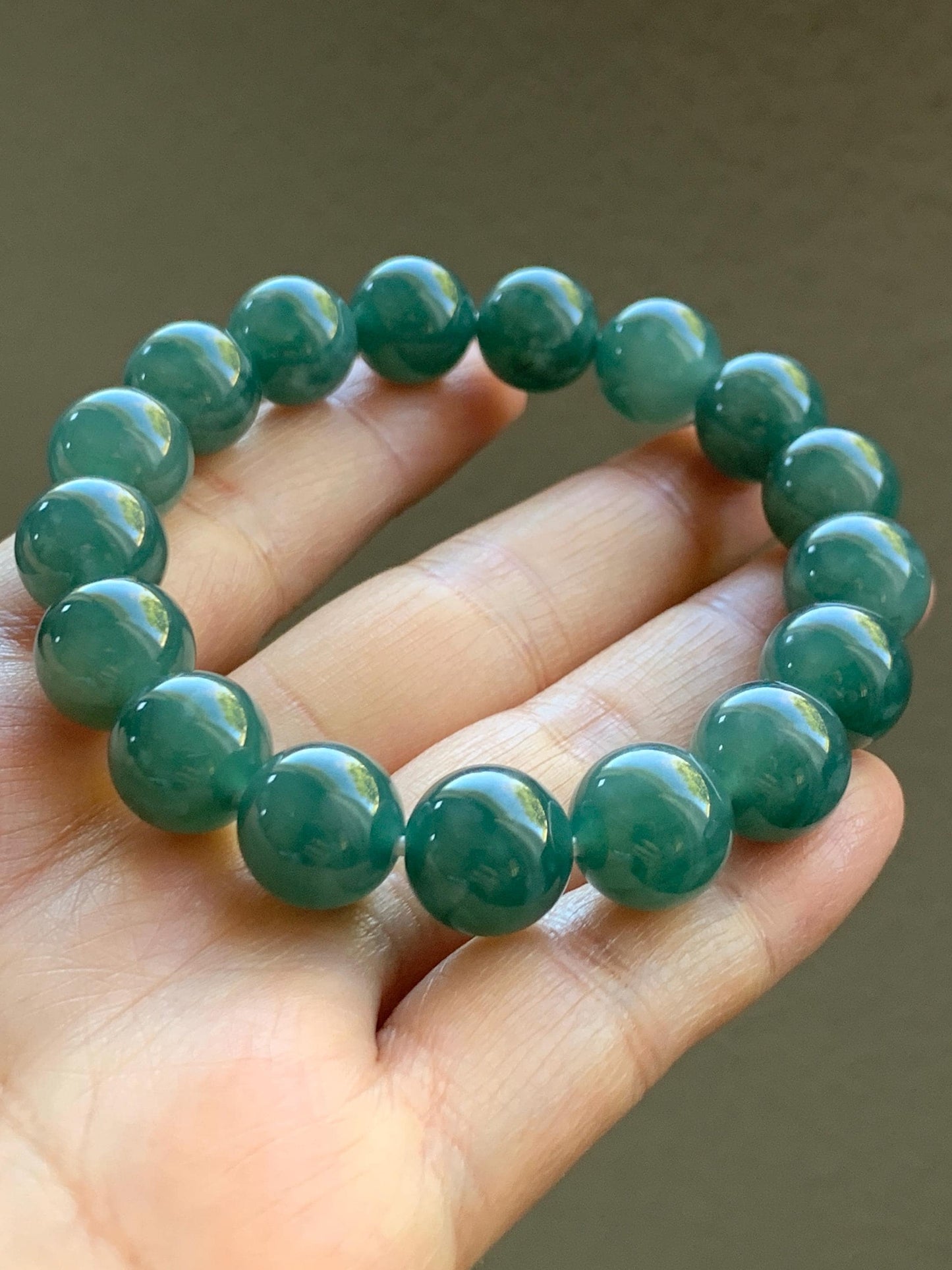 Natural Grade A Guatemalan Icy Highly Translucent Teal Green Jade Jadeite Beaded Bracelet Stretchy 11.6mm 7.25” 47g 天然冰危蓝绿翡翠圆珠手串 WSLP180