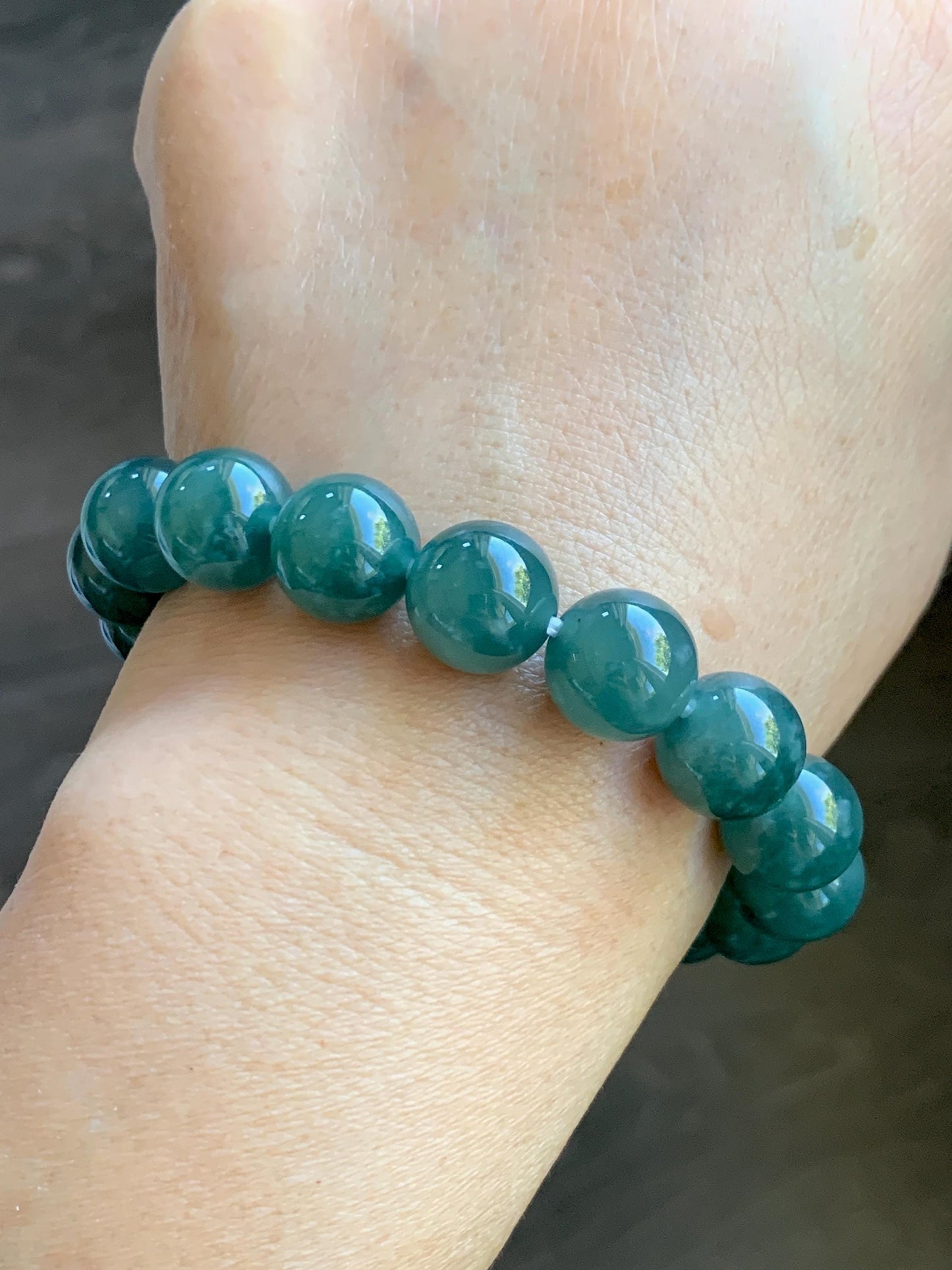 Natural Grade A Guatemalan Icy Highly Translucent Teal Green Jade Jadeite Beaded Bracelet Stretchy 11.6mm 7.25” 47g 天然冰危蓝绿翡翠圆珠手串 WSLP180