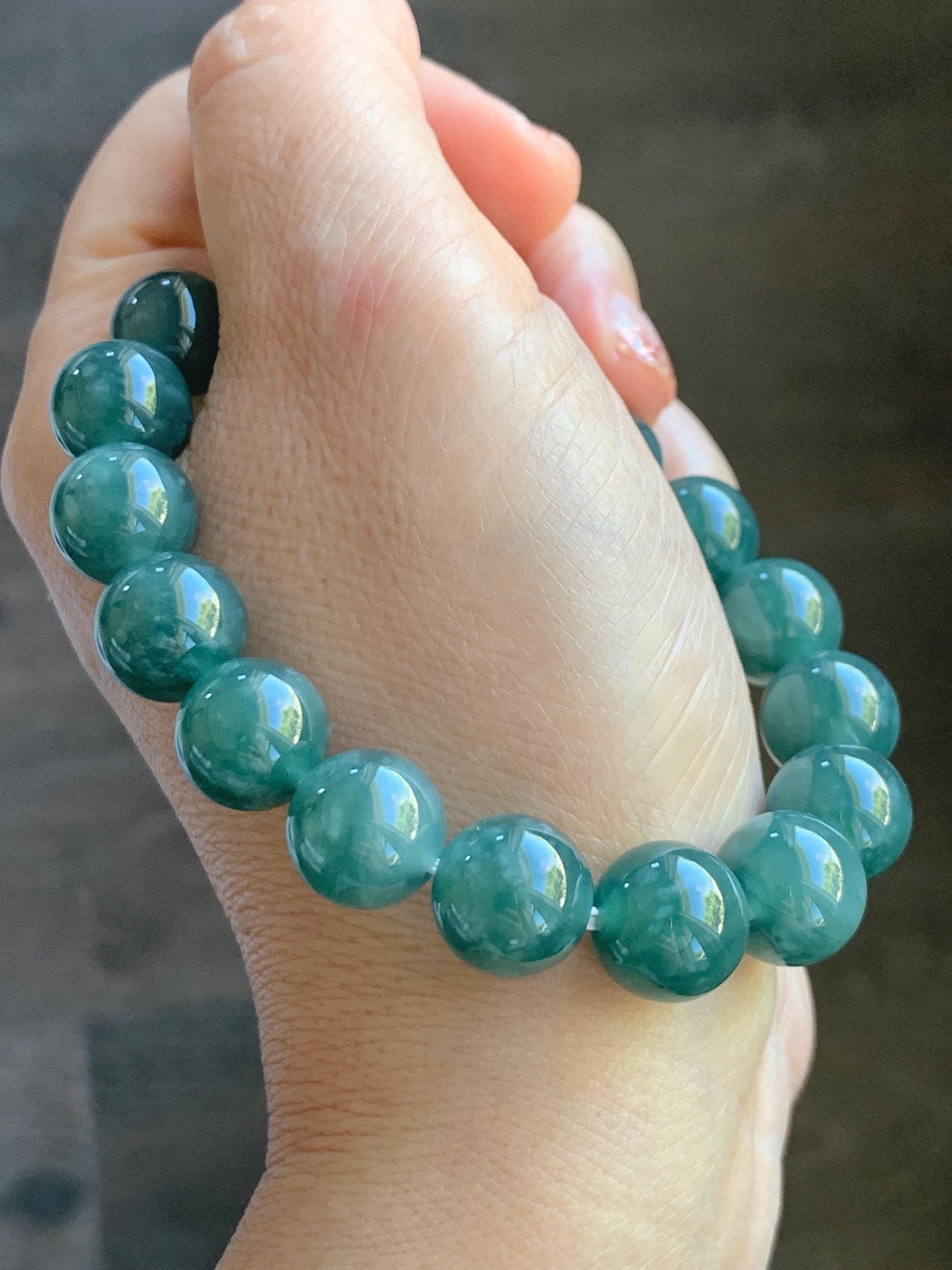 Natural Grade A Guatemalan Icy Highly Translucent Teal Green Jade Jadeite Beaded Bracelet Stretchy 11.6mm 7.25” 47g 天然冰危蓝绿翡翠圆珠手串 WSLP180