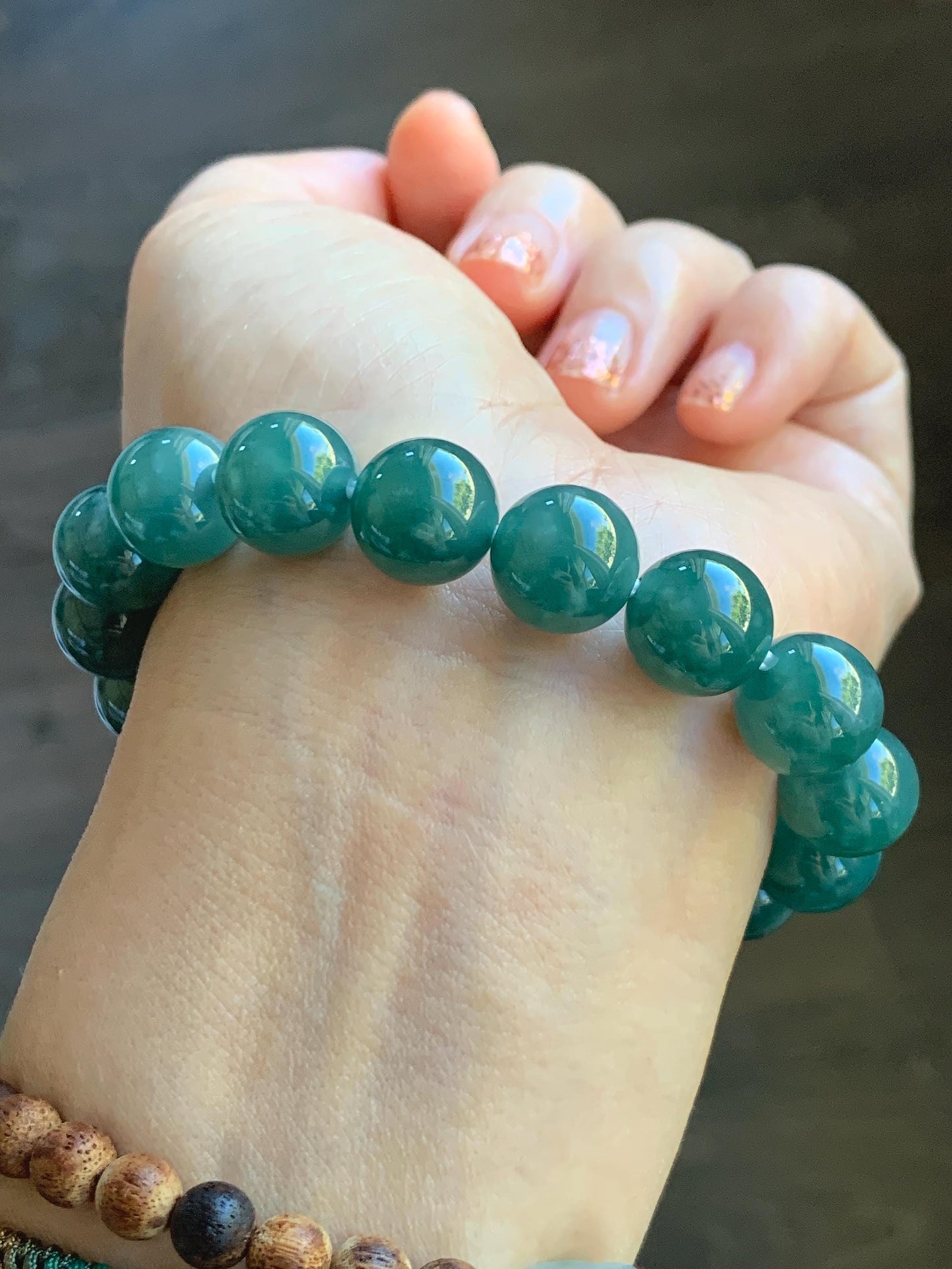 Natural Grade A Guatemalan Icy Highly Translucent Teal Green Jade Jadeite Beaded Bracelet Stretchy 11.6mm 7.25” 47g 天然冰危蓝绿翡翠圆珠手串 WSLP180