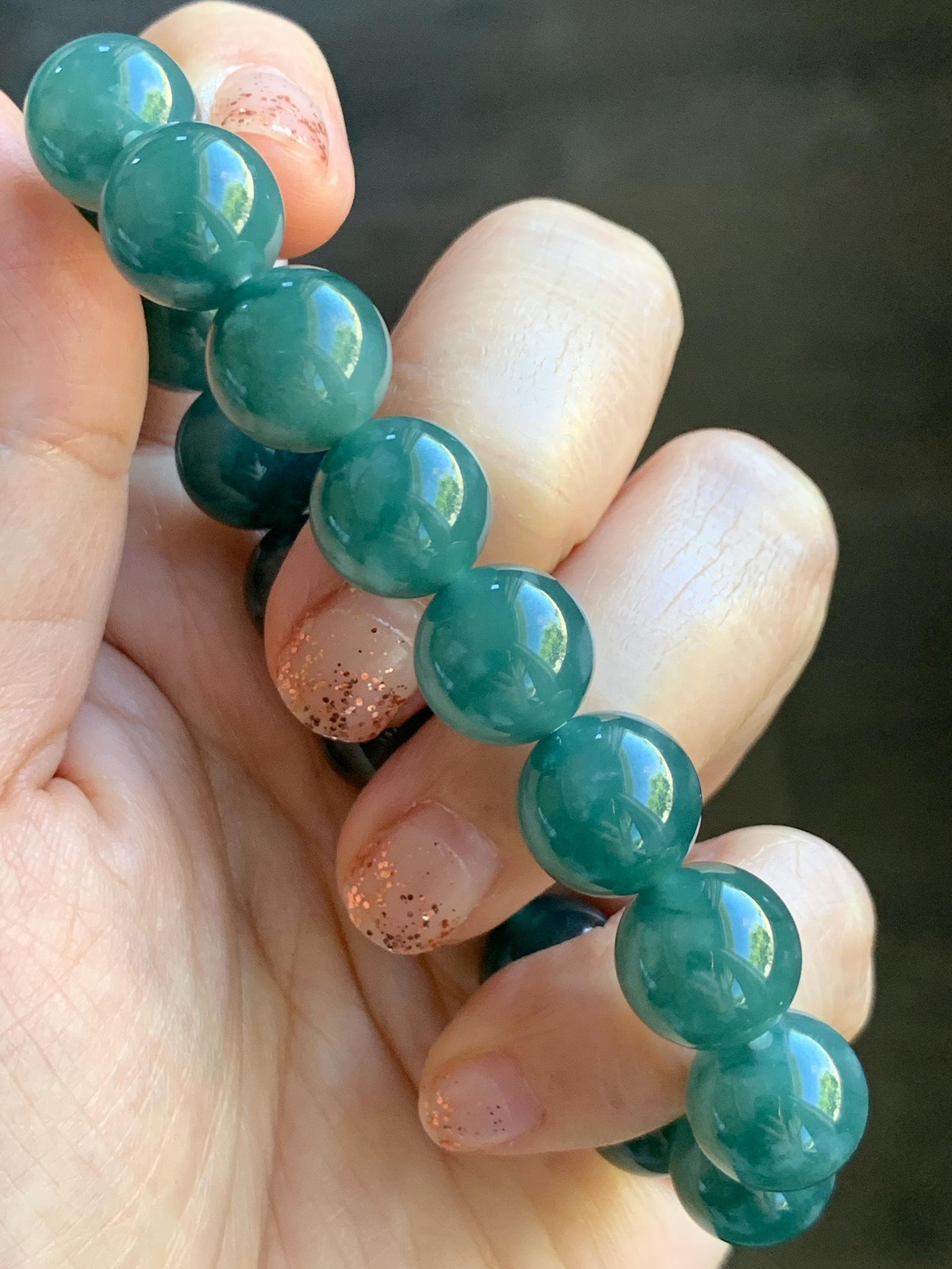 Natural Grade A Guatemalan Icy Highly Translucent Teal Green Jade Jadeite Beaded Bracelet Stretchy 11.6mm 7.25” 47g 天然冰危蓝绿翡翠圆珠手串 WSLP180