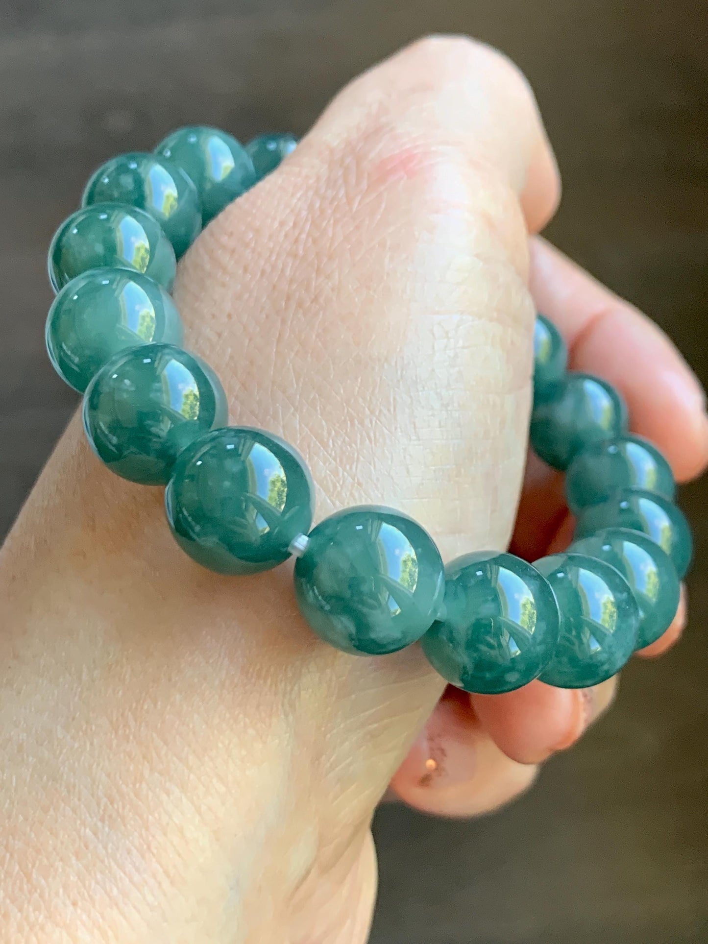 Natural Grade A Guatemalan Icy Highly Translucent Teal Green Jade Jadeite Beaded Bracelet Stretchy 11.6mm 7.25” 47g 天然冰危蓝绿翡翠圆珠手串 WSLP180
