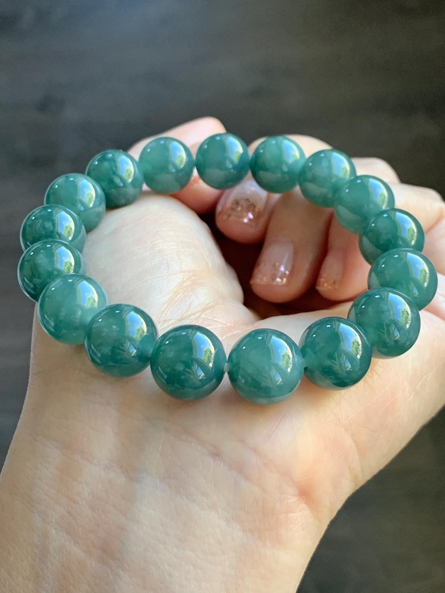 Natural Grade A Guatemalan Icy Highly Translucent Teal Green Jade Jadeite Beaded Bracelet Stretchy 11.6mm 7.25” 47g 天然冰危蓝绿翡翠圆珠手串 WSLP180