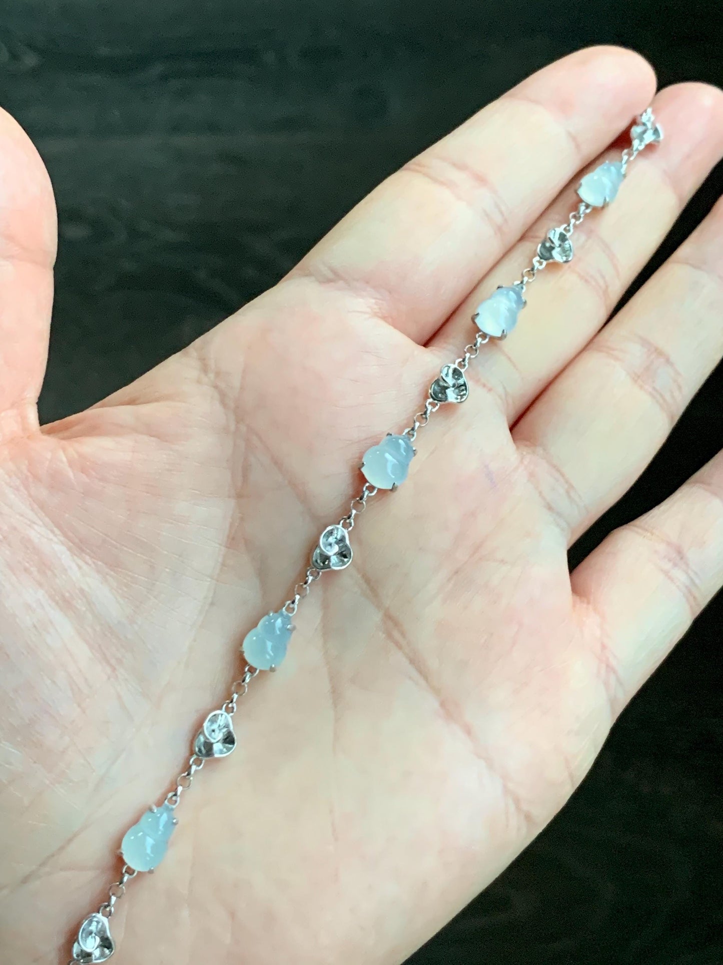 Certified Natural Grade A Icy Highly Translucent White Jade Jadeite Gourd Hulu Bracelet Sterling Silver 6.25-7.75” 天然冰胶起光白翡翠葫芦手链 165