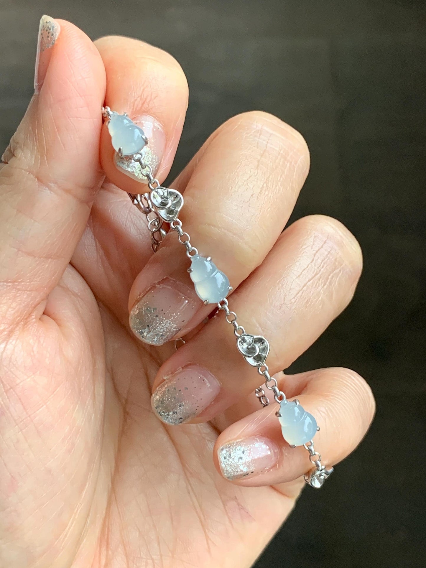 Certified Natural Grade A Icy Highly Translucent White Jade Jadeite Gourd Hulu Bracelet Sterling Silver 6.25-7.75” 天然冰胶起光白翡翠葫芦手链 165